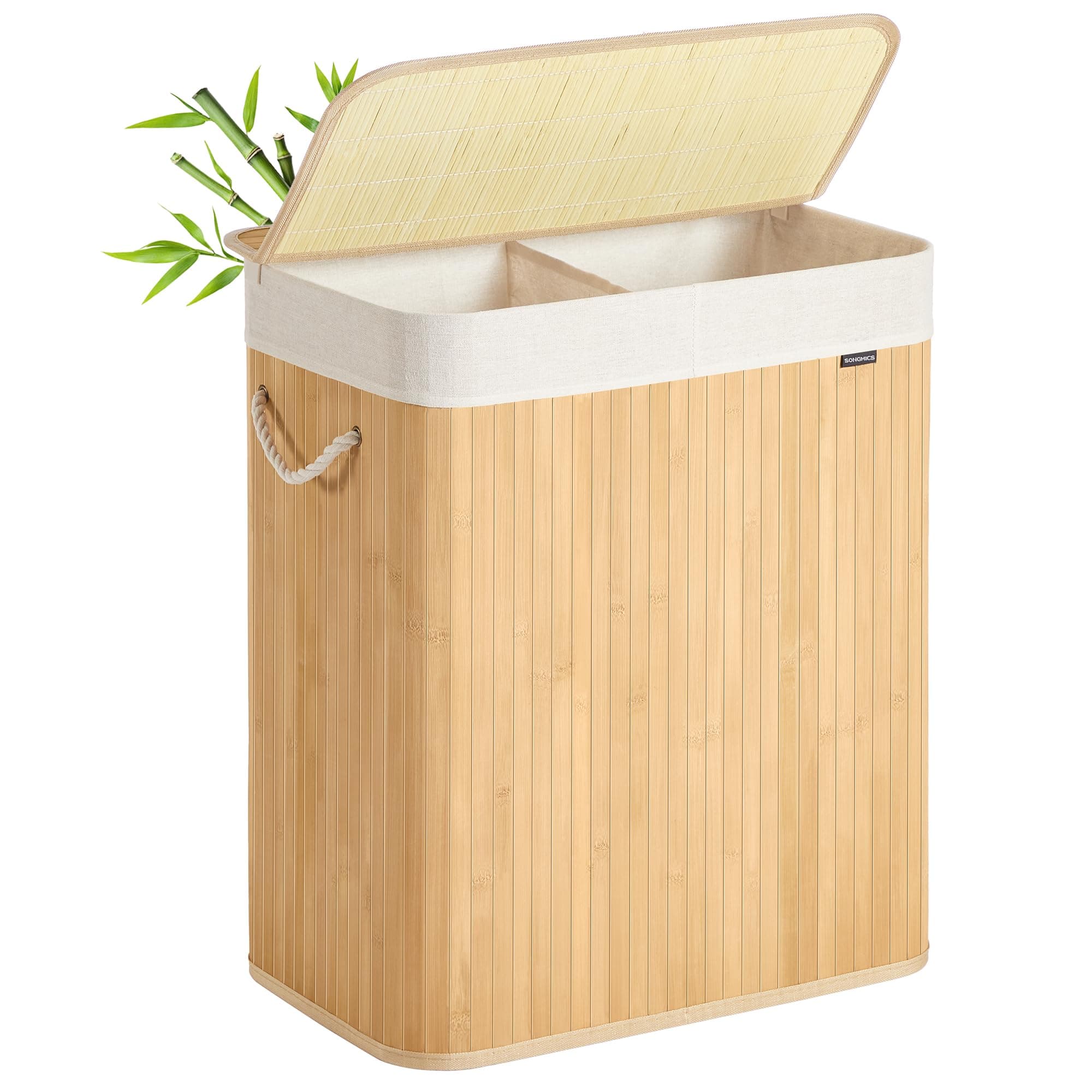 SONGMICS Cesto Ropa Sucia, 100 L, Cesta Colada 2 Clasificaciones, con Tapa, Bambú, con Asas, Plegable, Bolsa Interior Extraíble y Lavable a Máquina, para Lavandería, Dormitorio, Natural LCB074Y01