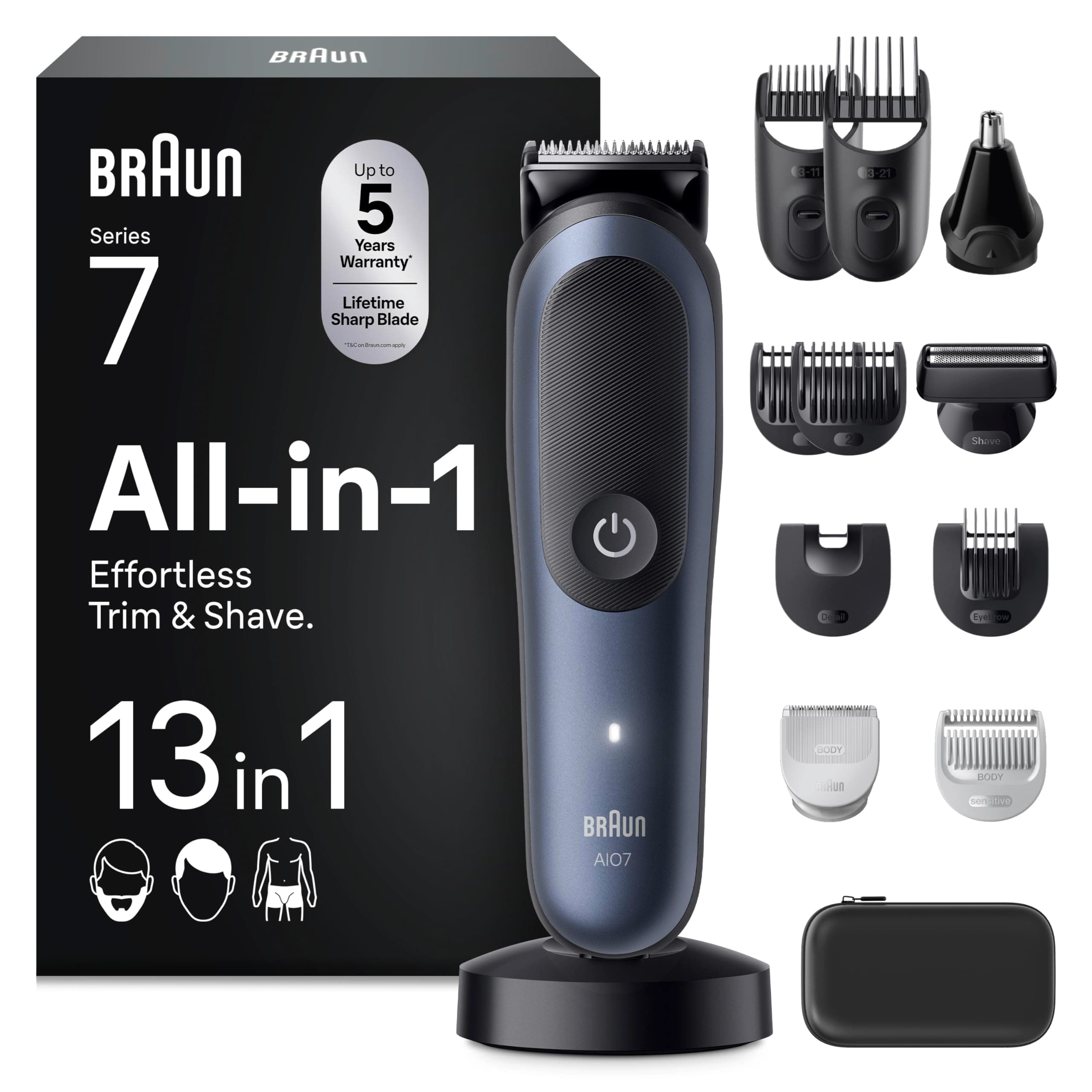 Braun Recortadora Todo En Uno Series 7 AIO7565, Kit De Styling 13en1 Para Barba, Pelo, Orejas, Nariz y Cuerpo, 14 Longitudes, 120 Min De Autonomía, Cortapelos Hombre Con Lámina Ultra Afilada, Azul