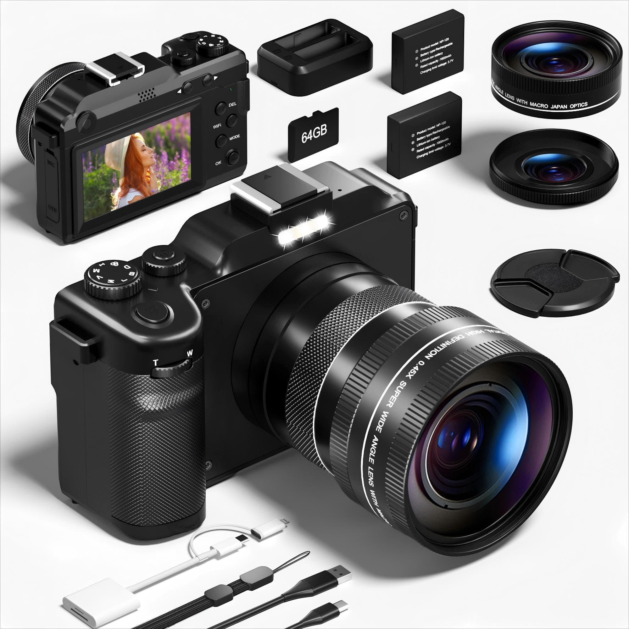 Appareil Photo Numérique,Appareil Photo Avec Carte 64GB WiFi, Autofocus Selfie 18X Digital Zoom Compact Digital Camera Avec Objectifs Grand Angle et Macro, Camera Vlog pour Débutants Youtube