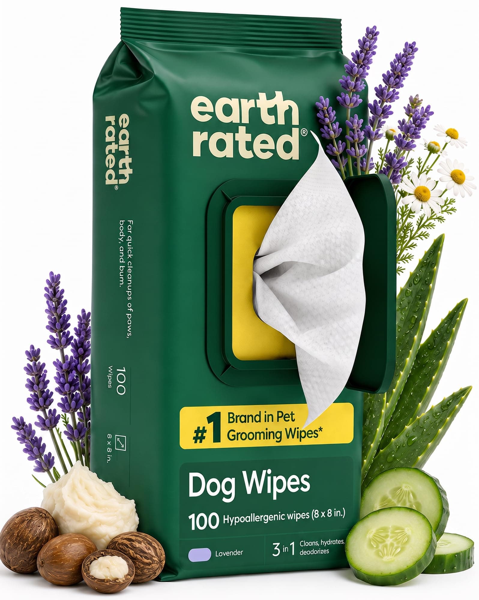Earth Rated Toallitas hipoalergénicas para Perros, para Limpiar y Eliminar olores de Patas, Cuerpo y Trasero, Cachorros y Perros Adultos, Aroma a Lavanda, 100 Unidades
