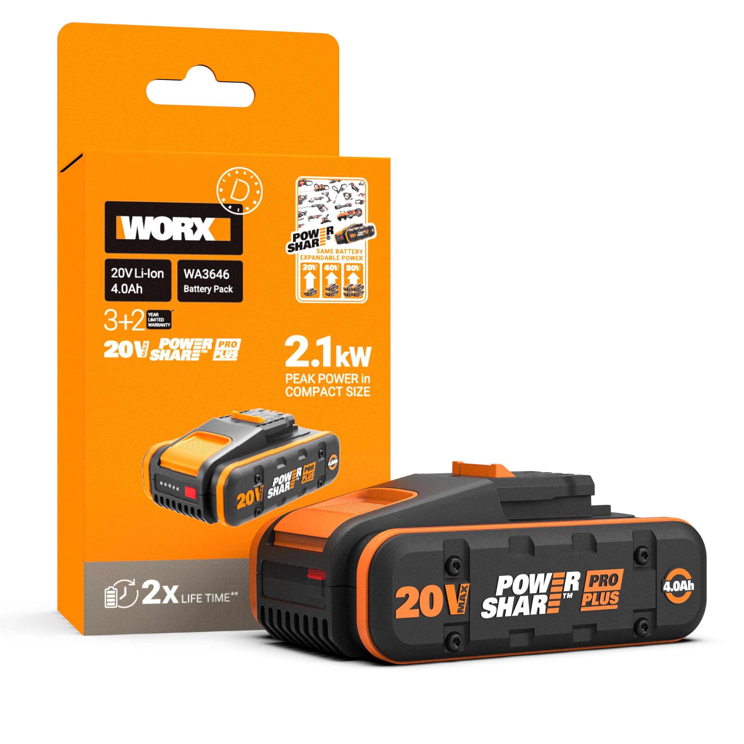 WORX WA3646 PowerShare Pro Plus Akku 20 V, 4 Ah, stärkere Leistung, mehr Laufzeit & 2x längere Lebensdauer, 360° Zellenschutz, leicht & kompakt, kompatibel mit allen WORX PowerShare Werkzeugen