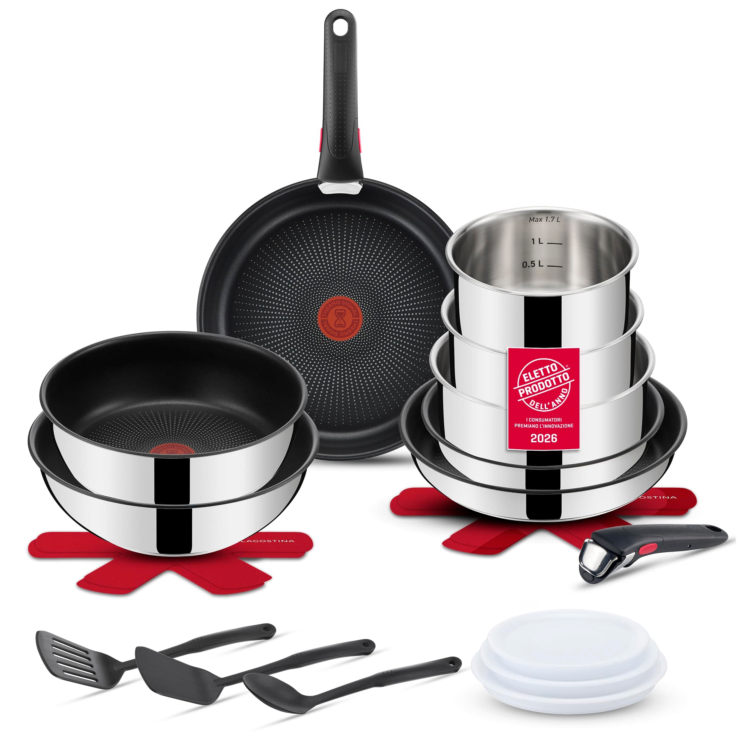 Lagostina Ingenio Inox, Set Pentole e Padelle, Antiaderente, 20 Pezzi | In Acciaio Inox, Con Manico Removibile, Padelle, Wok, Tegame e Casseruole, Salvaspazio, Per Induzione e Altre Fonti di Calore