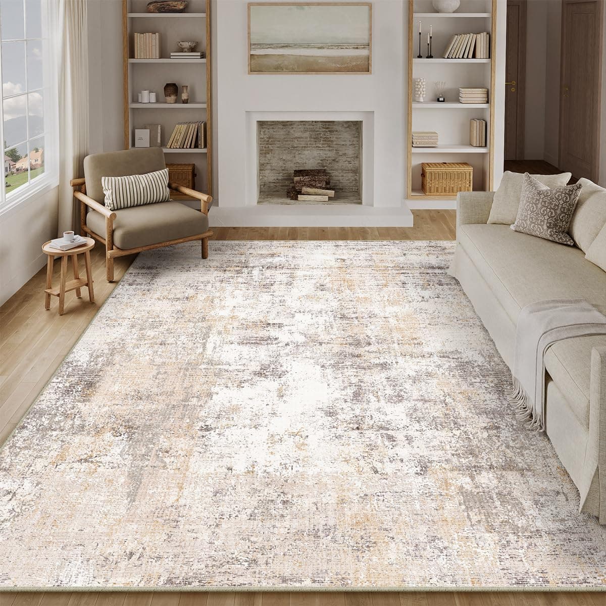 HUGEAR Beige Gris Tapis Salon 300x400cm Lavable en Machine Antidérapant Grand Tapis Chambre Adulte Moderne Naturel Abstrait Carpet Salle a Manger Bureau Descente de Lit Interieur Doux Poil Ras Rug