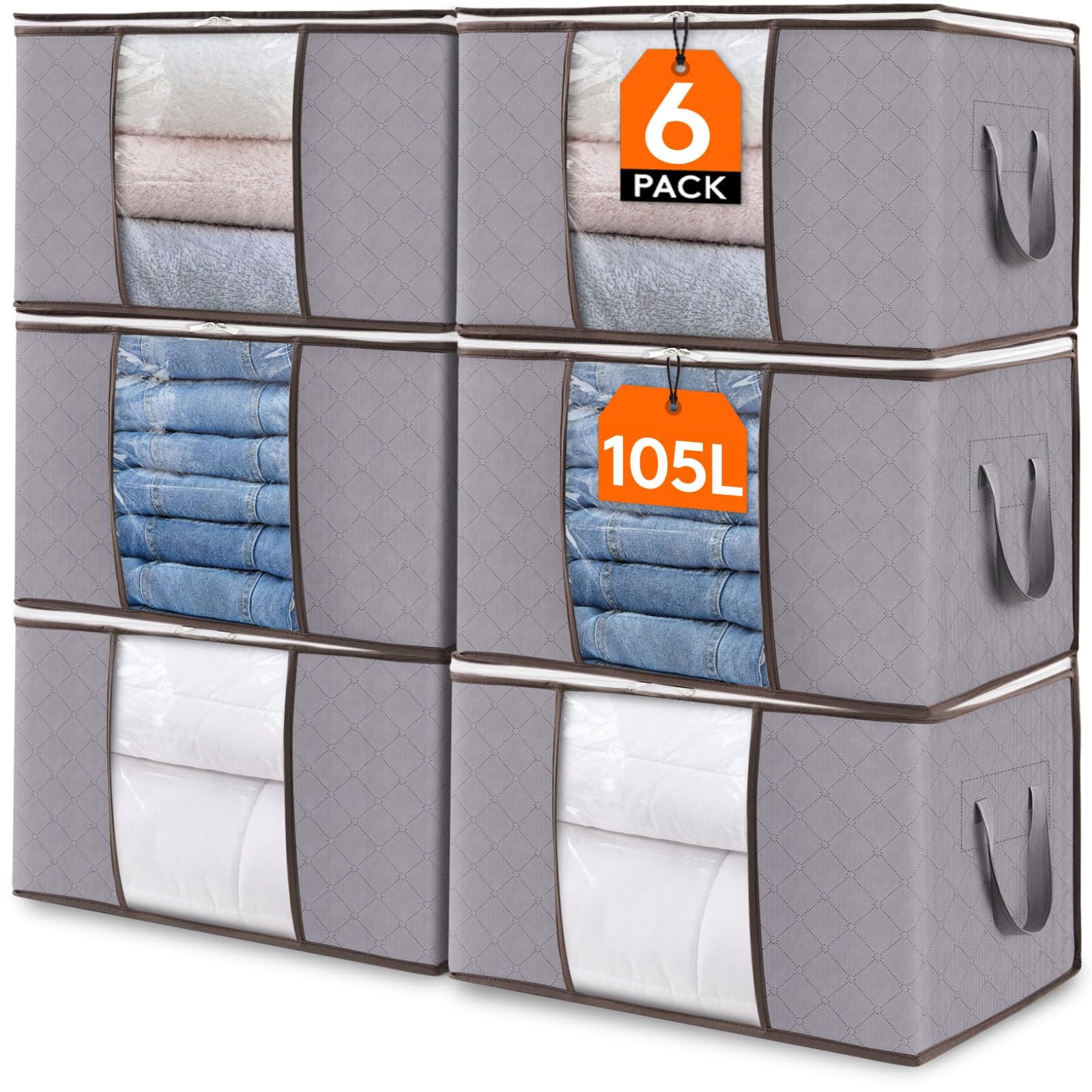 Lifewit Bolsas Almacenaje Ropa, Cajas Almacenaje Plegable, Bolsas para Guardar Ropa, Cajas Mudanza, Organizador Armario Para Ropa, Mantas, Juguetes, Gris Claro, 105 L, 6 Piezas