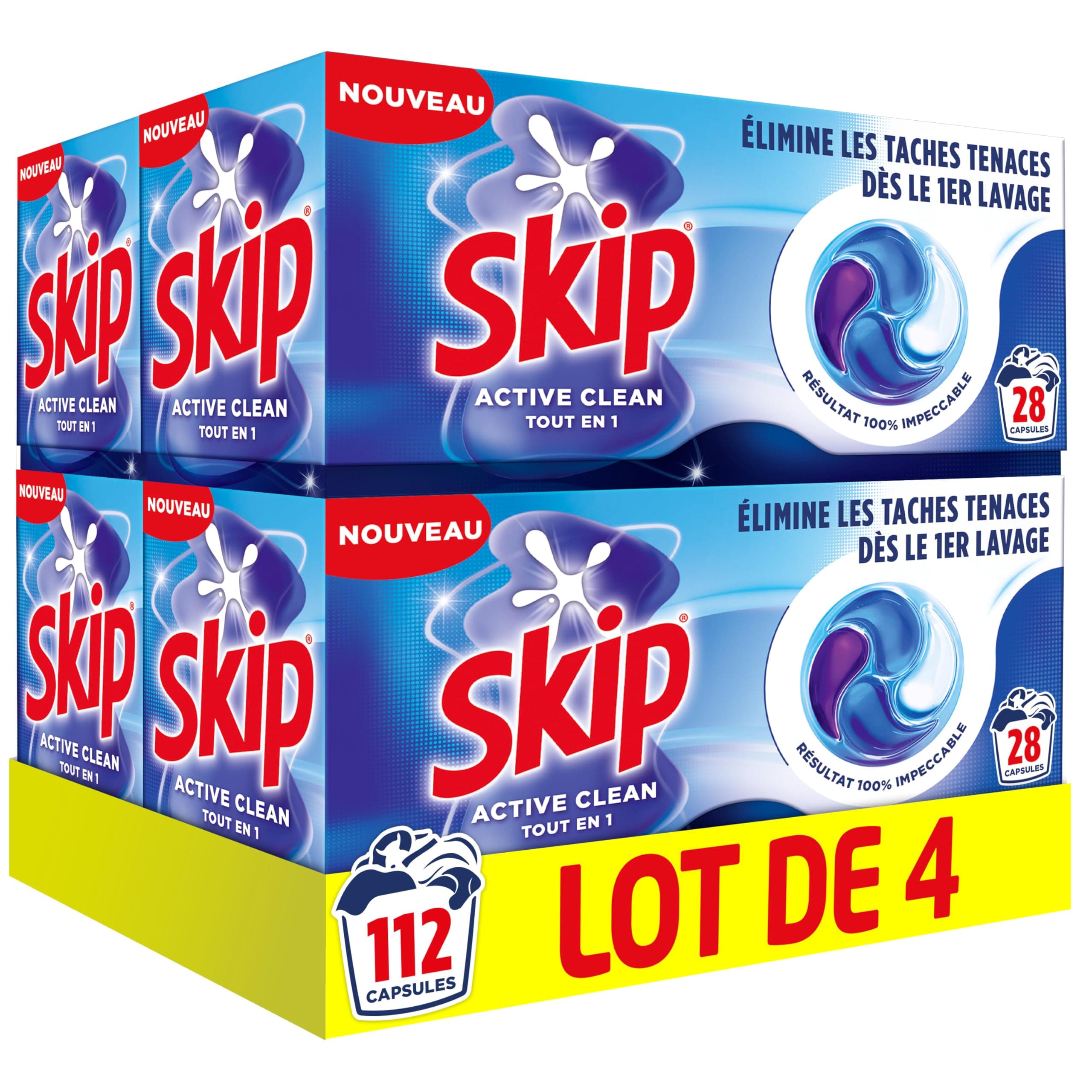 Skip - Capsules Lessive Tout en 1 Active Clean - Élimine les Taches Tenaces dès le 1er Lavage - Efficace Même à Froid - Lessive Skip Active Clean - Utiliser Avec Adoucissant - 112 Lavages (4x28)