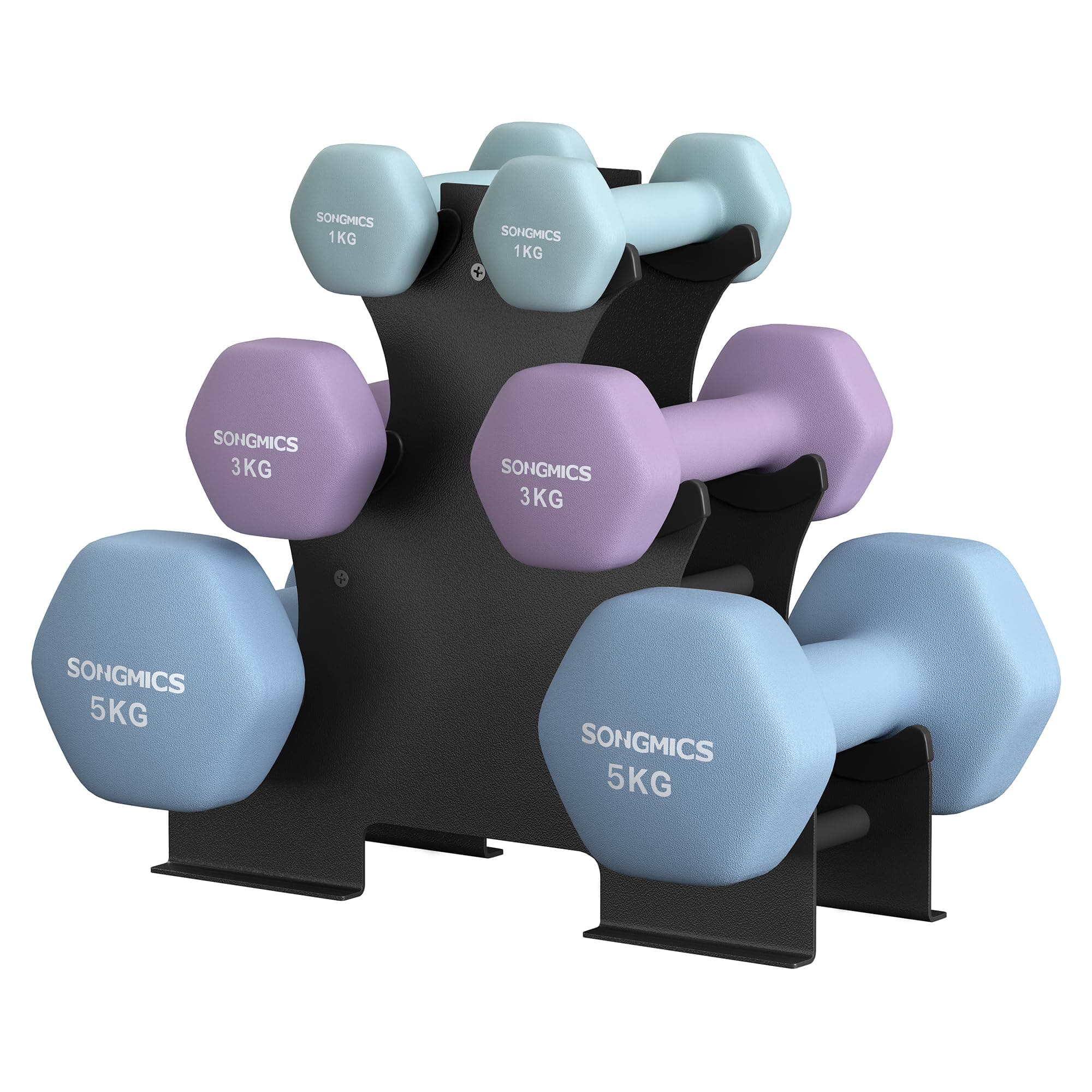 SONGMICS Hantel-Set, 3 Paar, 1kg-3kg，9kg oder 12kg, Aufbewahrung, Fitnessstudio, Krafttraining, rutschfeste Neopren-Beschichtung
