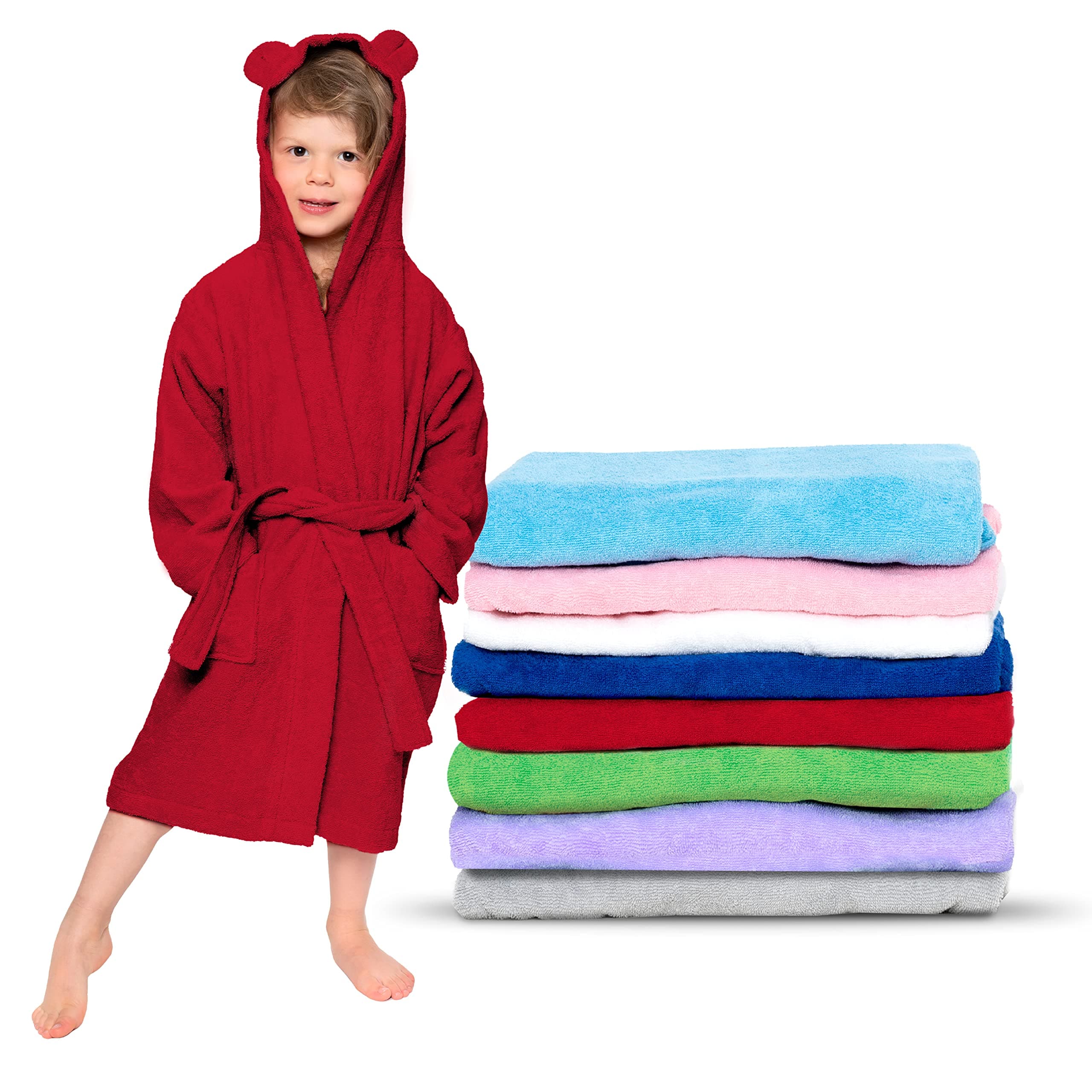 Twinzen - Accappatoio Bambini Cotone : Ragazzo e Ragazza - 100% Cotone OEKO-TEX® Senza Prodotti Chimici - 2 Tasche, Cintura, Cappuccio con Orecchie