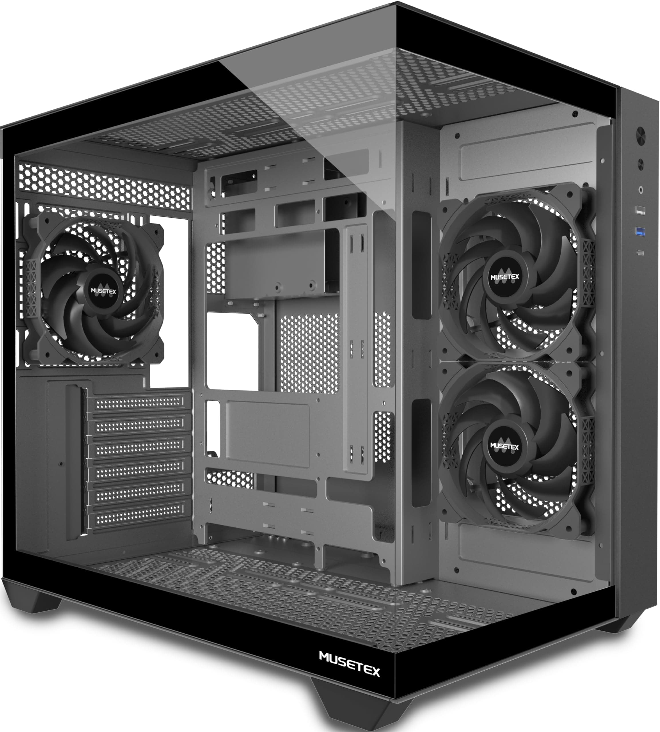 MUSETEX Caja PC ATX, Soporte 360MM RAD, 270° Vista Completa Cristal Templado Caja PC Gaming con Type-C, 3 Ventiladores Sin LED Pre-Instalados, Caja Ordenador Mid Tower ATX, Negro, Y6