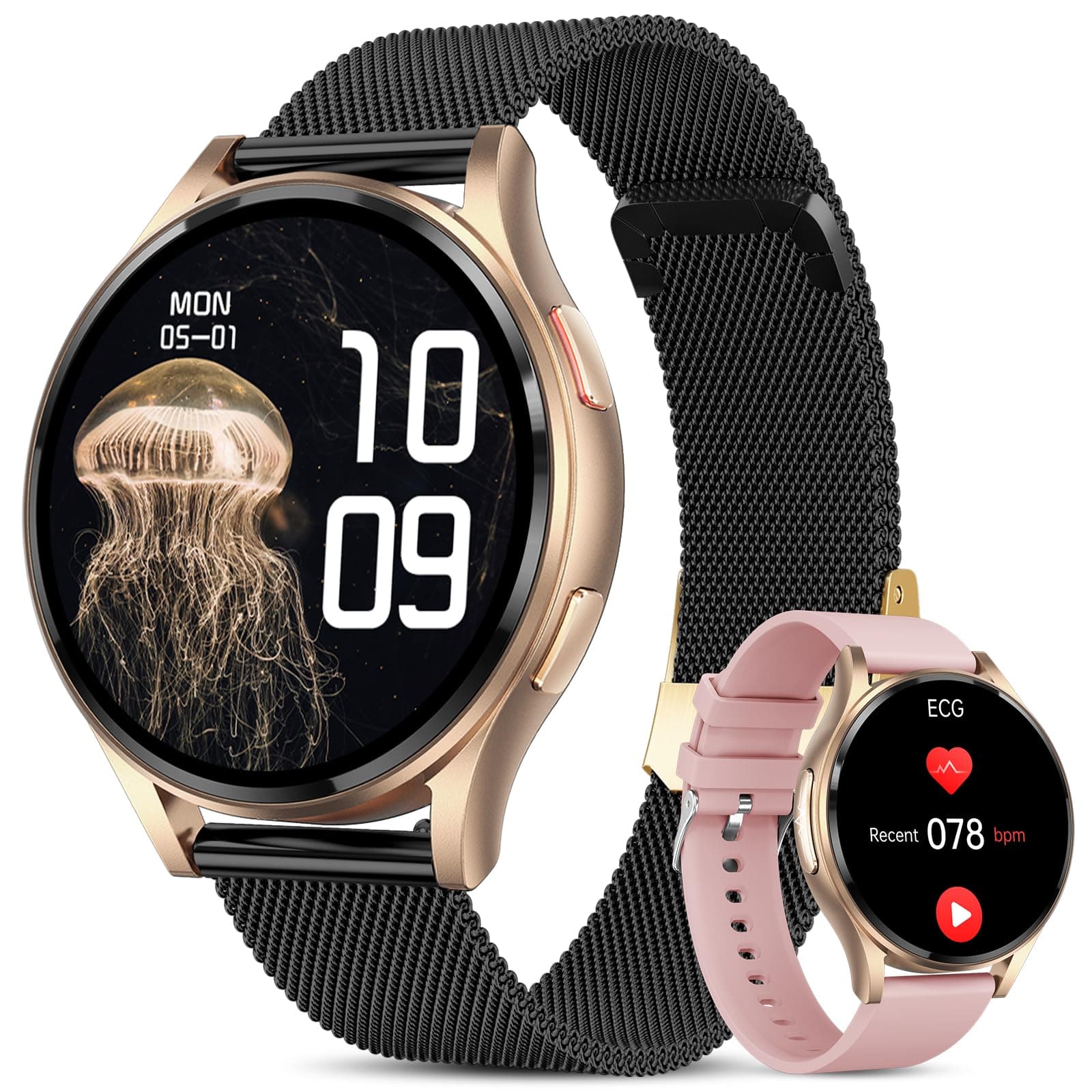 2026 ECG+HRV Reloj Inteligente Mujer con BMI/Acido Urico/Presιón Arterιαl/Microchequeo, 1.43'' AMOLED Smartwatch con Función Femenina, 24H Pulsometro, SpO2, Monitor de Sueño, para iOS Android, Negro