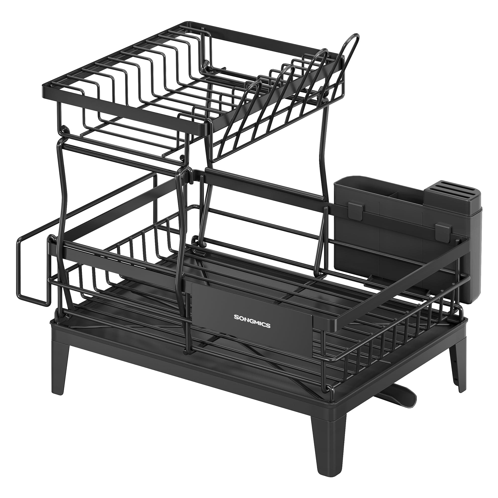 SONGMICS Scolapiatti, Portapiatti da Cucina a 2 Ripiani, Beccuccio Estensibile e Girevole a 360°, Raccogligocce, con Portaposate, 31 x 42 x 36,5 cm, Nero Inchiostro KCS551BH01