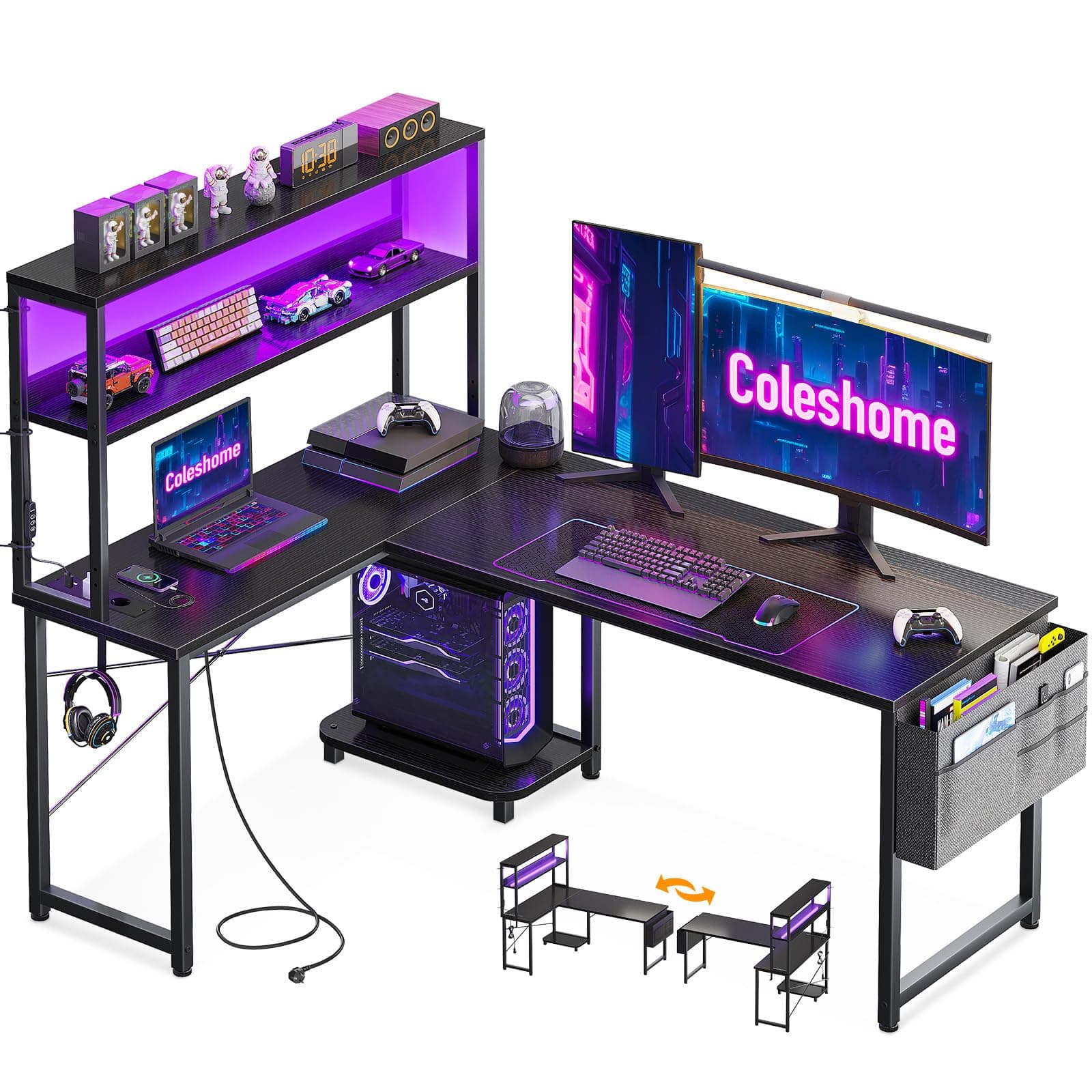 Coleshome Escritorio Gaming en L con LED y Enchufes, 135 × 100 cm Escritorio Gamer Reversible con Estantes, Escritorio Esquinero con Bolsa de Almacenamiento y Gancho para Jugadores, Negro