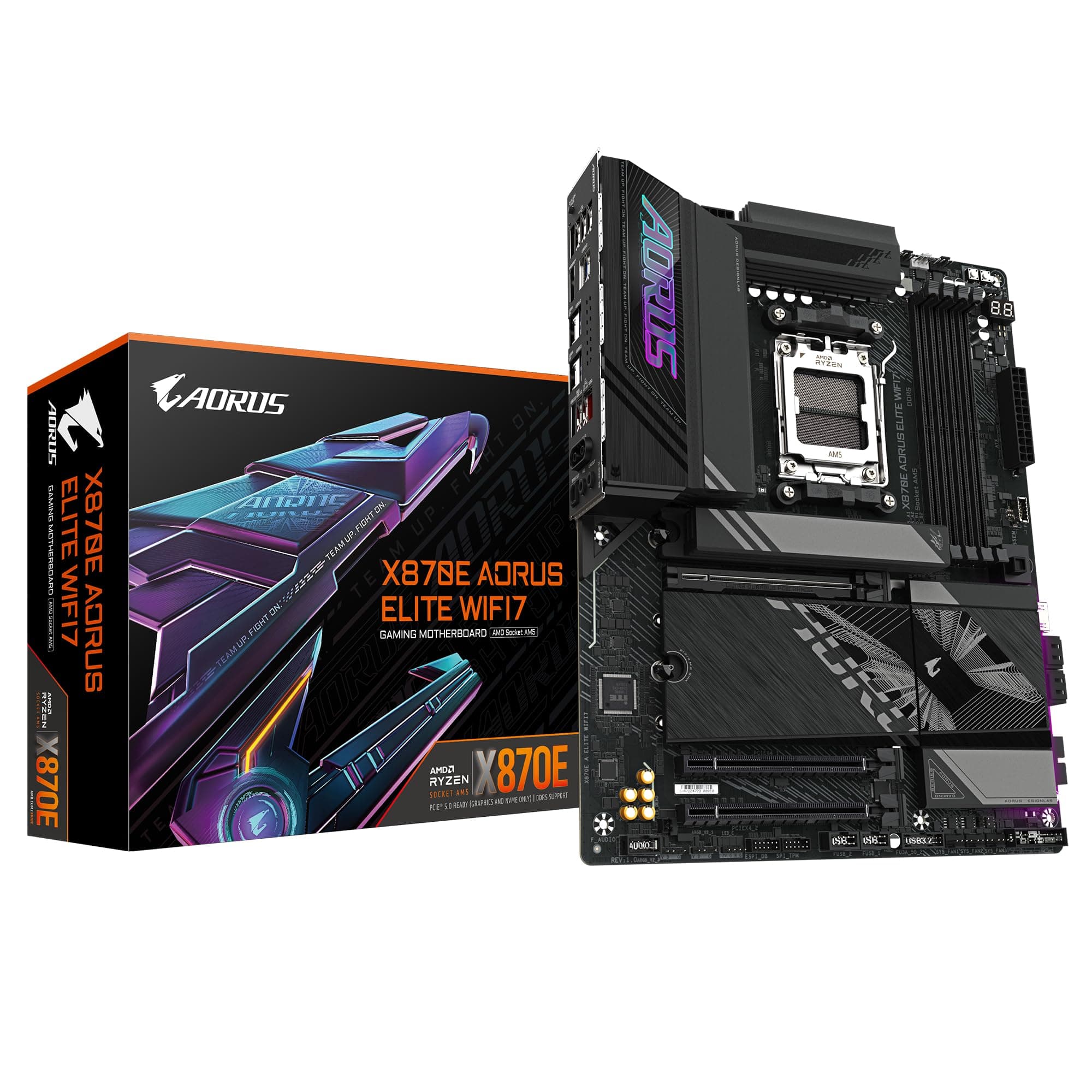 GIGABYTE Placa Base X870E AORUS Elite WIFI7 - Compatible con CPUs AMD Ryzen 9000, VRM Digital de 16+2+2 Fases, hasta 8000MHz DDR5 (OC), 3xPCIe 5.0, Wi-Fi 7, LAN 2.5GbE, USB 4