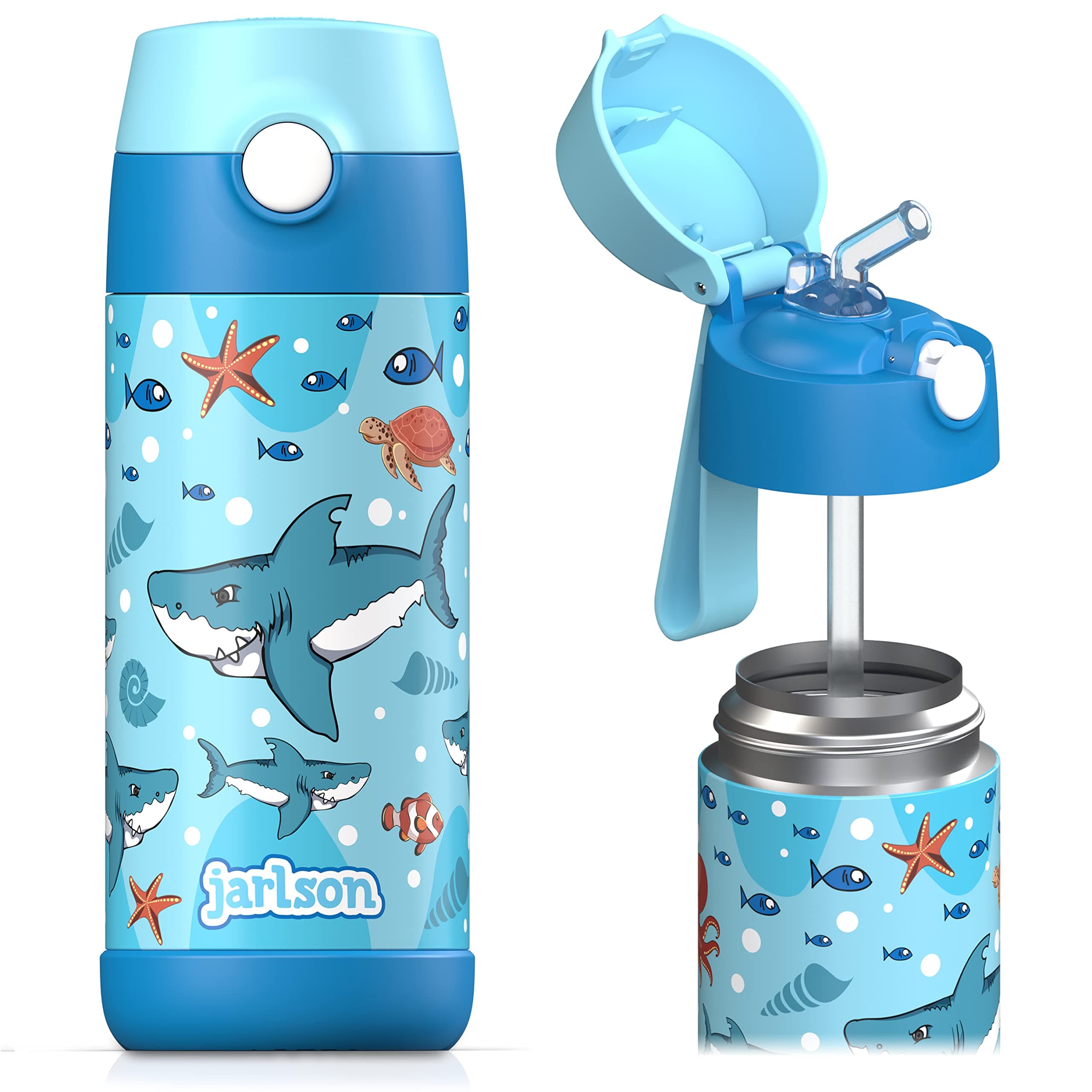 Jarlson® Borraccia Termica Bambini 350ml CHARLI [CON CANNUCCIA] - Bottiglia Acciaio Inox - Termos per Bambini e Bambine - Mantiene Freddo - Senza BPA - Ideale per Scuola, Sport e Viaggi(Squalo)