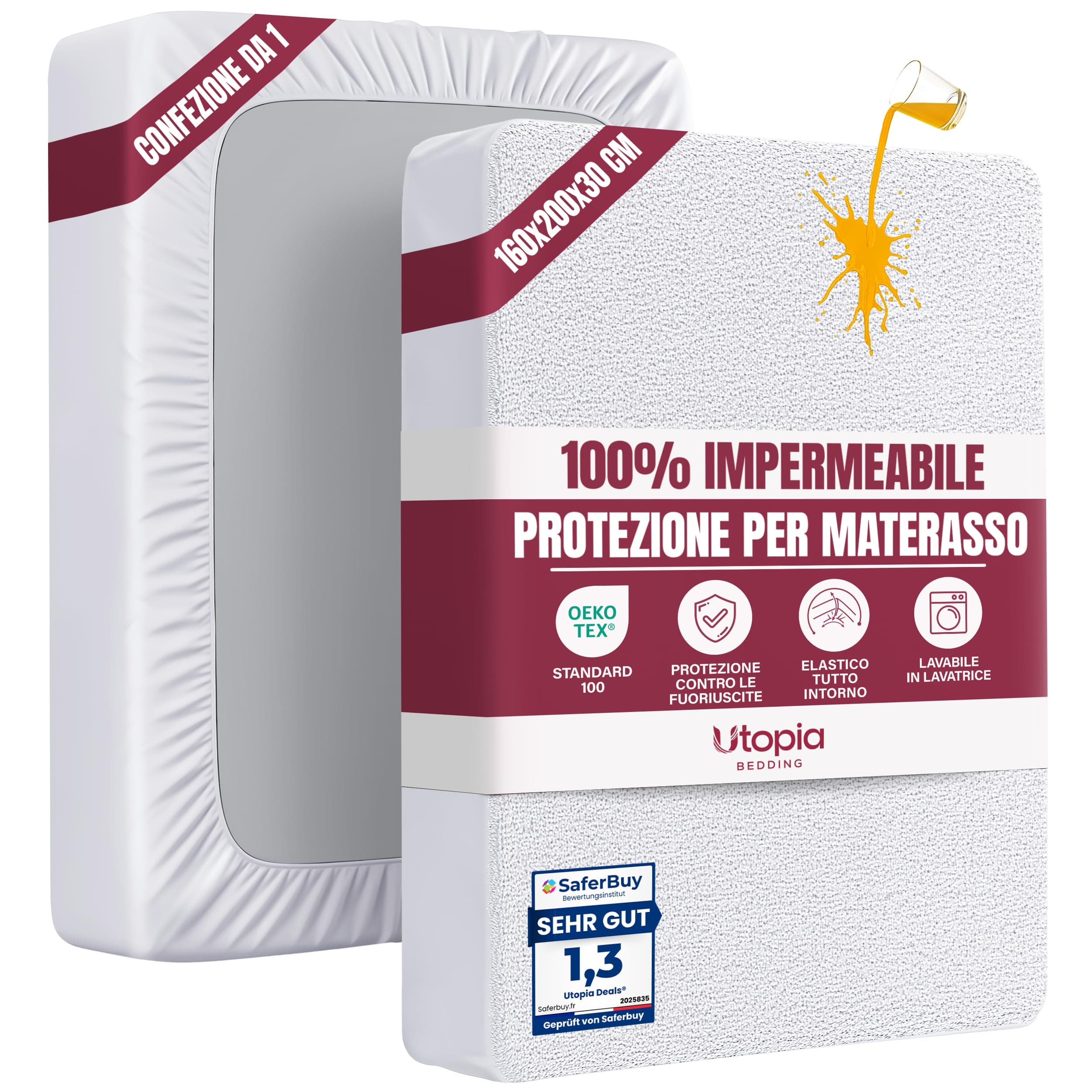 Utopia Bedding Coprimaterasso Matrimoniale Impermeabile 160 x 200 x 30 cm, Certificato OEKO-TEX, Proteggi Materasso, Traspirante, Lavabile, Stile Montato Tutto Intorno Elastico