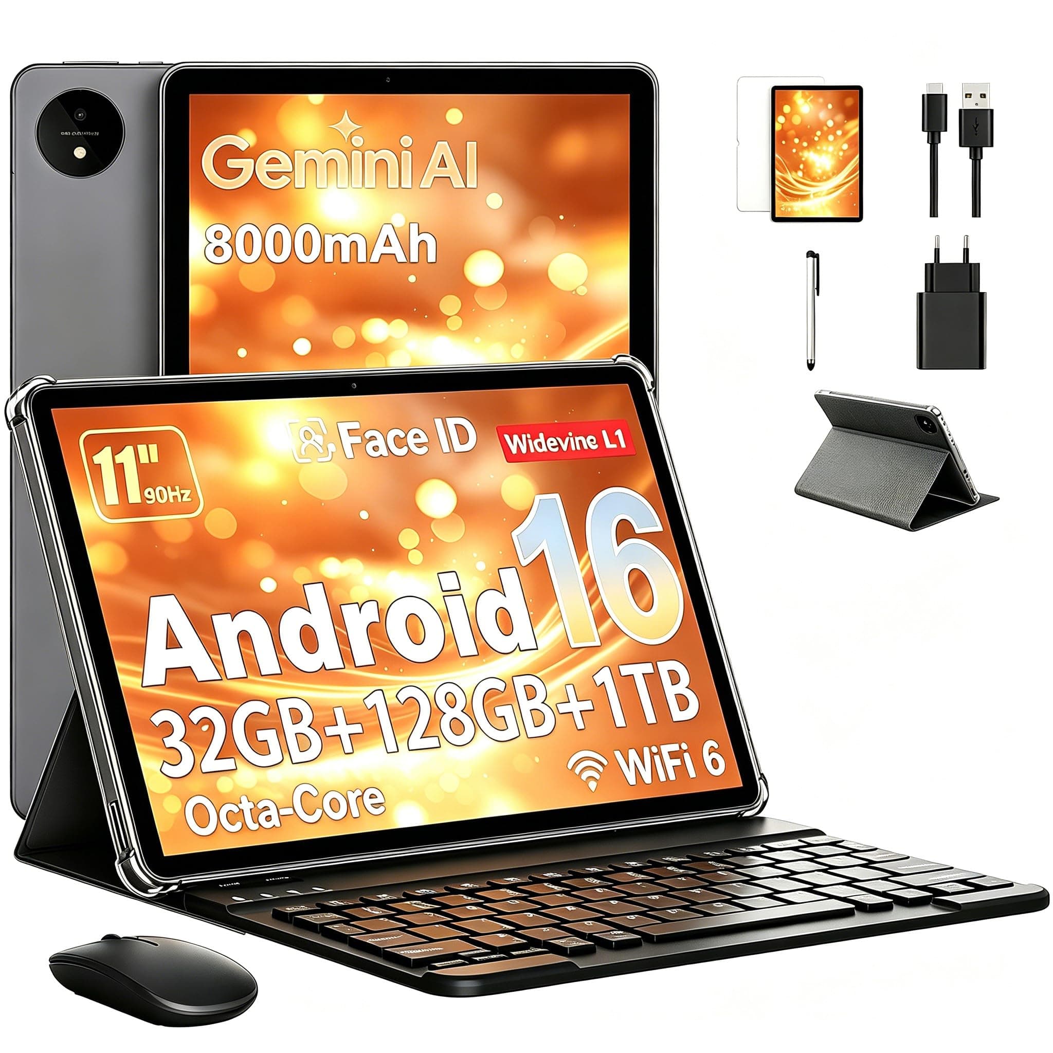 Tablet 11 Pulgadas en Gemini AI, Tableta Android 16 en Funda, Teclado & Ratón, Octa-Core, 32 GB RAM + 128 GB ROM + 1 TB TF, 1920x1200 Pantalla HD, 90 Hz, Cámara Doble 8MP + 16MP, 8000 mAh (Gris)