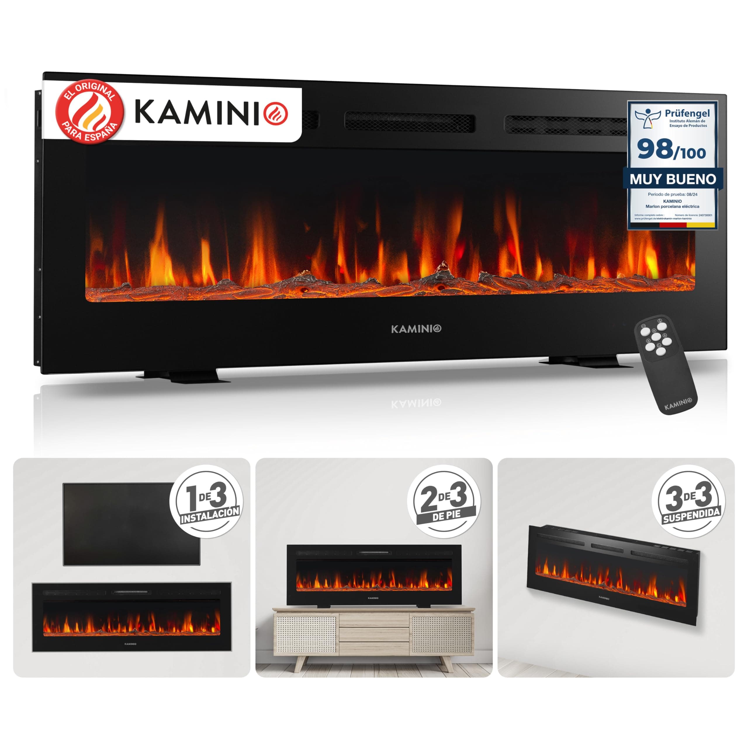 KAMINIO Eléctrica Chimenea Marlon - Chimenea eléctrica 3 en 1 con calefacción, Efecto de Llama 3D, 12 Colores de Llama, Control Remoto (50 Pulgada)