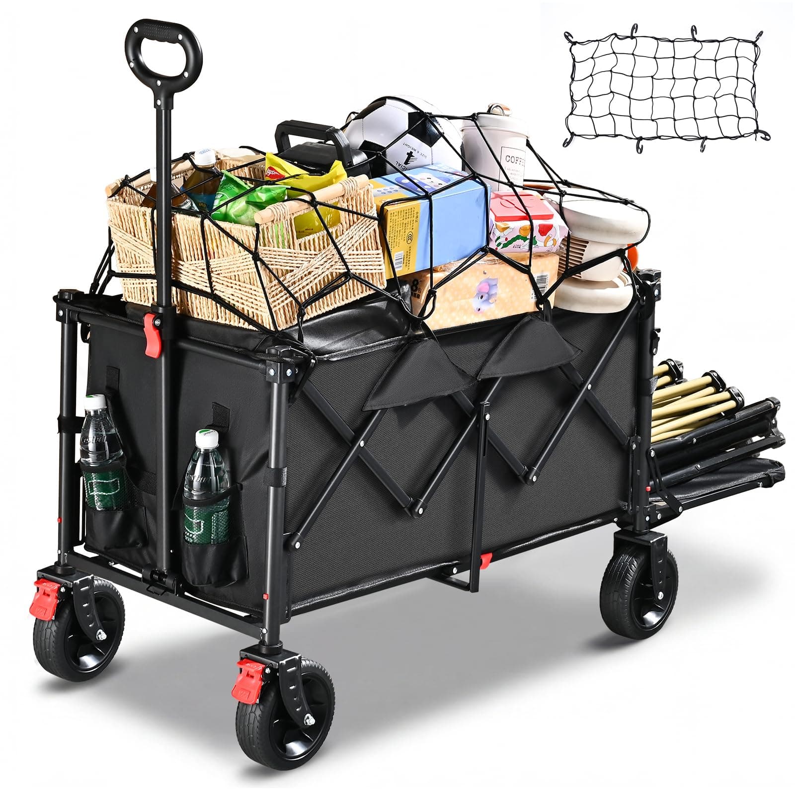 YEAUPE PRO Chariot de Plage XXL – Capacité 160-240L, Charge 200 kg – Hayon Rabattable à Plat pour Objets Longs – Roues Tout-Terrain avec Freins – Filet Élastique Inclus – Noir