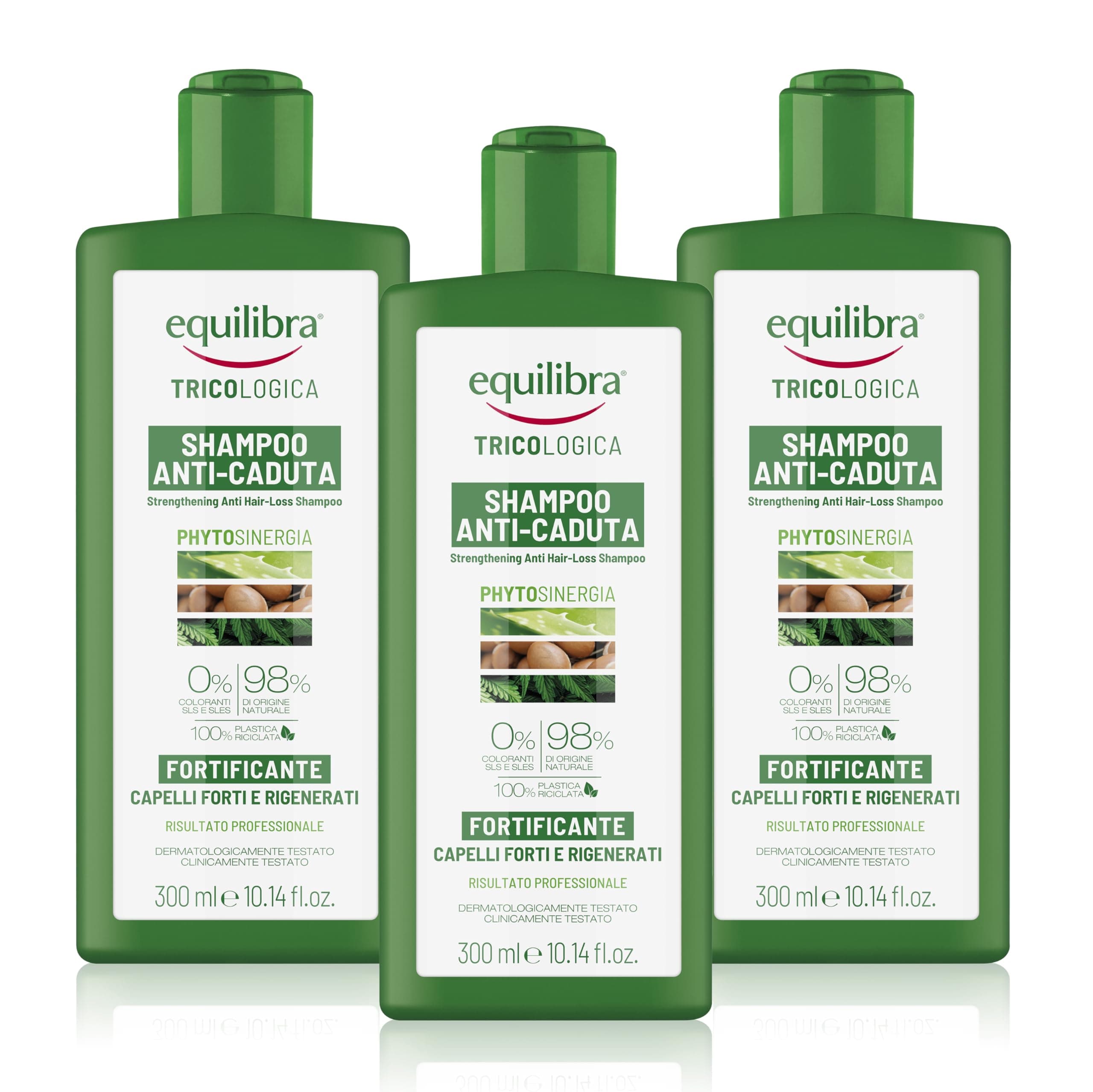 equilibra Capelli, Shampoo Anti-Caduta Fortificante, Deterge Delicatamente i Capelli Fragili, Evita Che Cadano o Si Spezzino, a Base di Aloe Vera, Olio di Argan, Cheratina Vegetale, 3 Pezzi da 300 ml