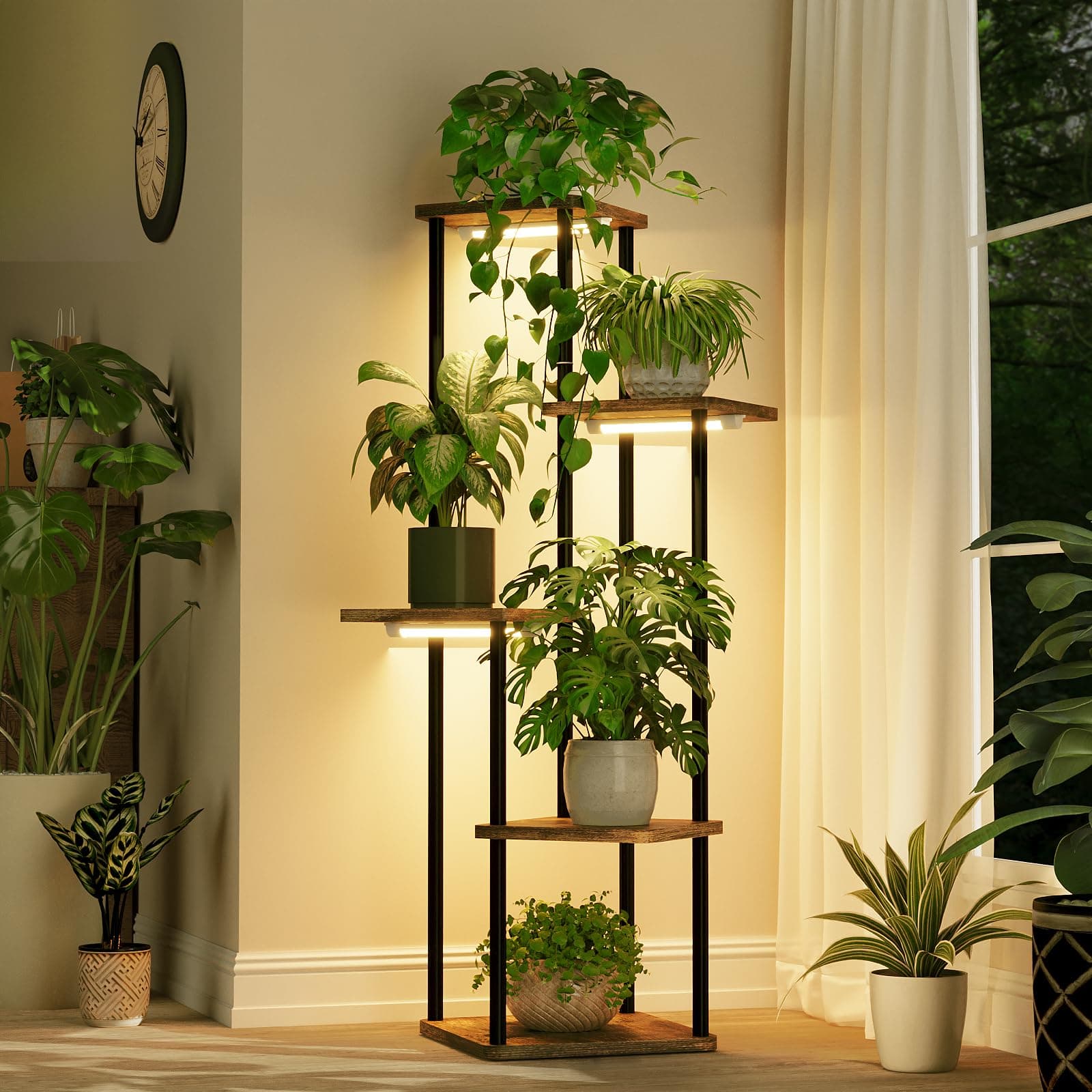 Bamworld Soporte alto para plantas con luz de crecimiento, soporte esquinero para plantas de interior, estante de esquina de metal y madera de 5 niveles con luces para sala de estar, dormitorio, patio