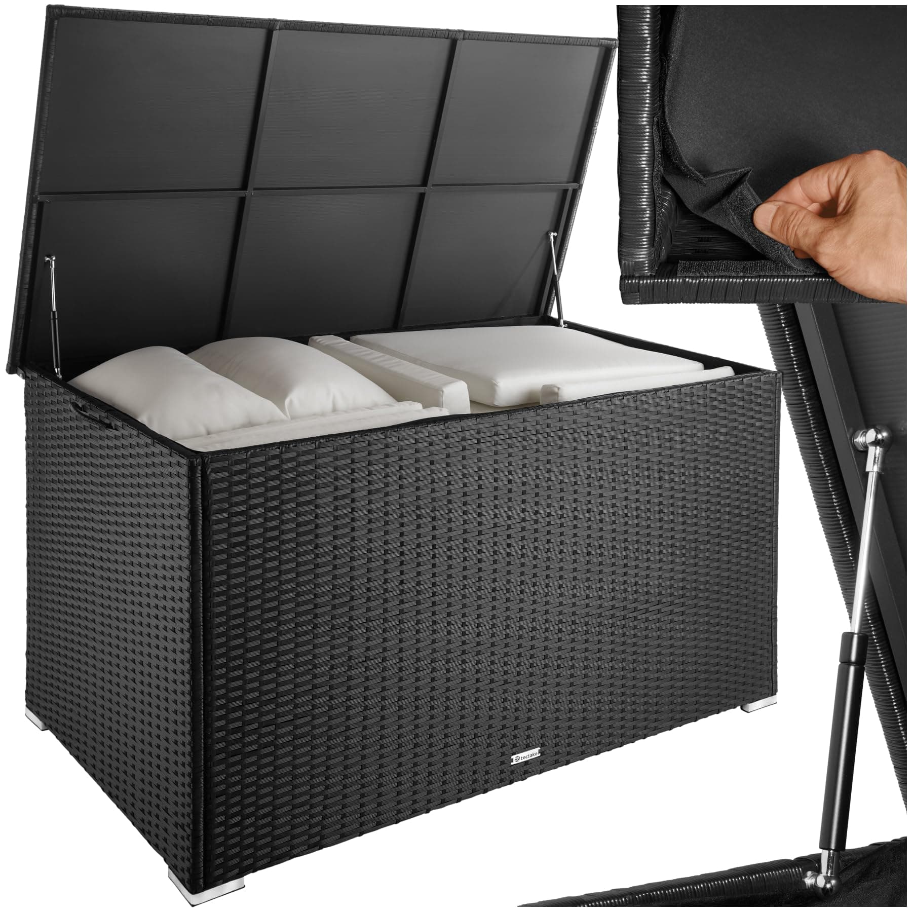 tectake® Aluminium Polyrattan Aufbewahrungsbox mit Deckel, 750L, Gartenkiste wetterfest, Gartenbox mit Gasdruckfedern, Garten Auflagenbox, UV-beständig, rostfrei, Stauraum, 145x82,5x79,5 cm - schwarz