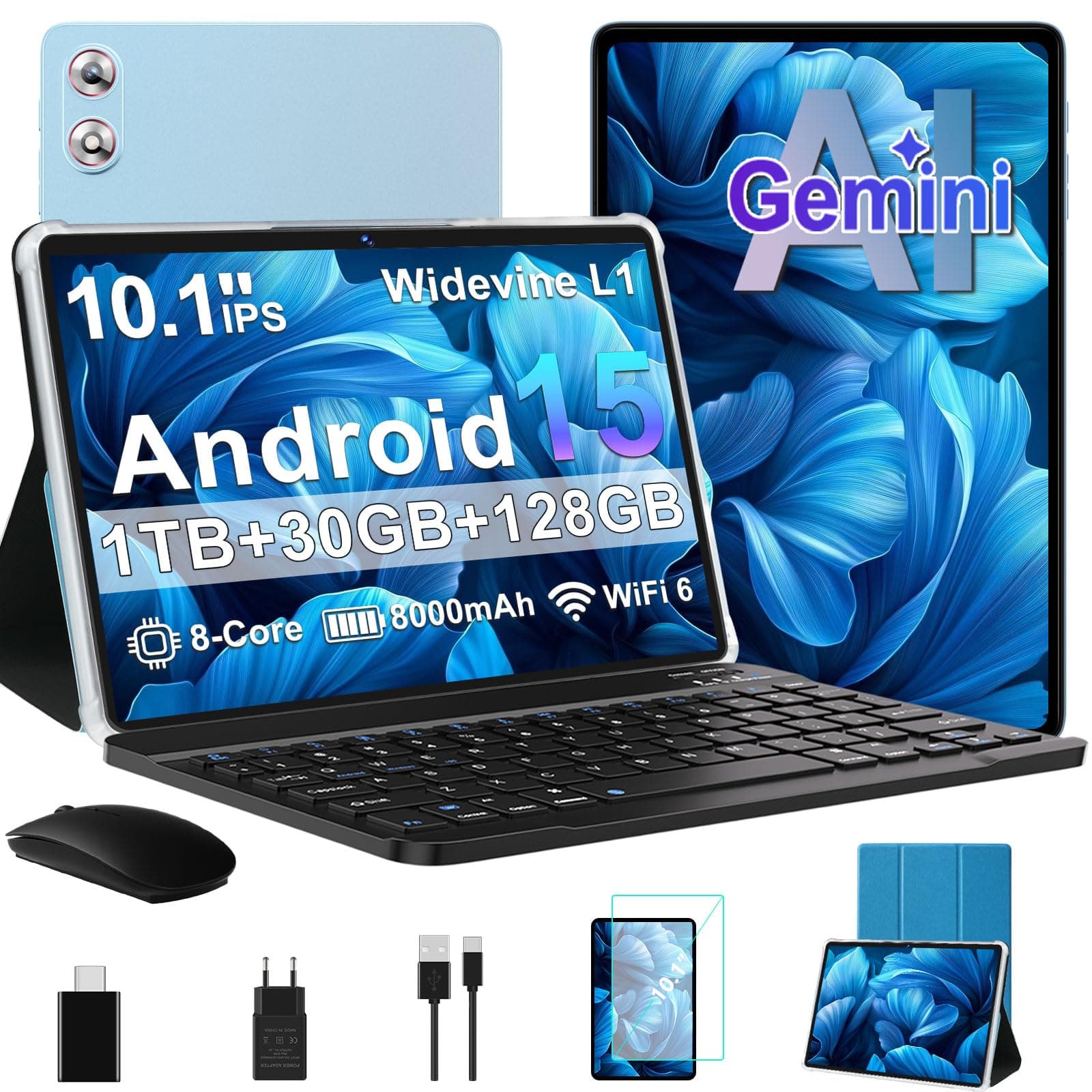 fezawio Tablet 10.1 Pulgadas Android 15 con Gemini AI, 30GB RAM 128GB ROM, Expandible hasta 1TB, Octa-Core, WiFi 6, Widevine L1, 8000mAh, Incluye Ratón, Teclado y Funda, Azul