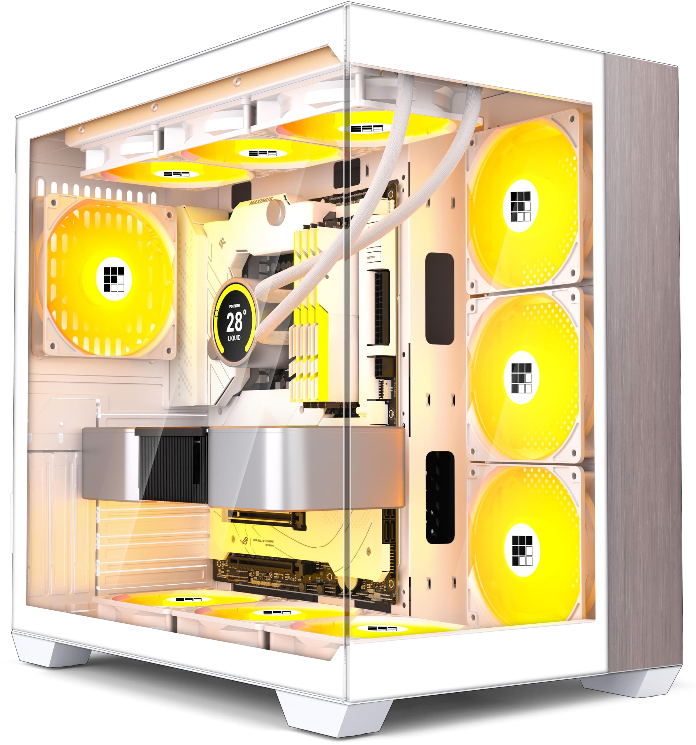 FOIFKIN F300 Boitier PC ATX avec 7 ventilateur PWM ARGB,Boîtier PC gamer,Boîtier d'ordinateur moyen tour verre panoramique,ATX Boîtier Blanc,Support RAD 360mm,Type-C,Flux d'air élevé(Blanc-Dois, F300)