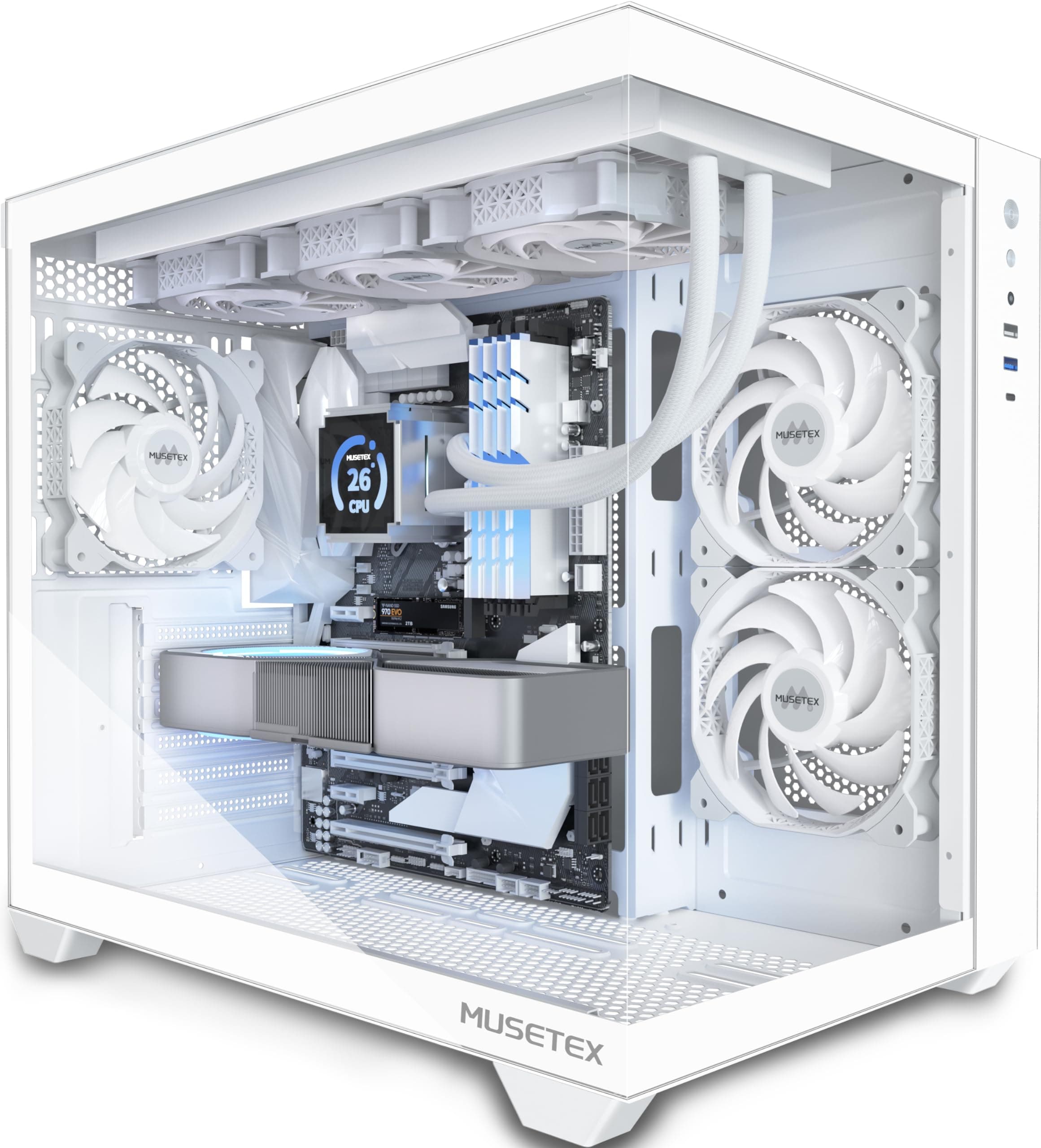 MUSETEX Boitier PC ATX, Support RAD 360MM, Verre trempé 270° Full View Boitier Pc Gamer with Type-C, 3 Ventilateurs 120mm préinstallés, Mid Tower Gaming Boîtiers PC, Blanc, Y6