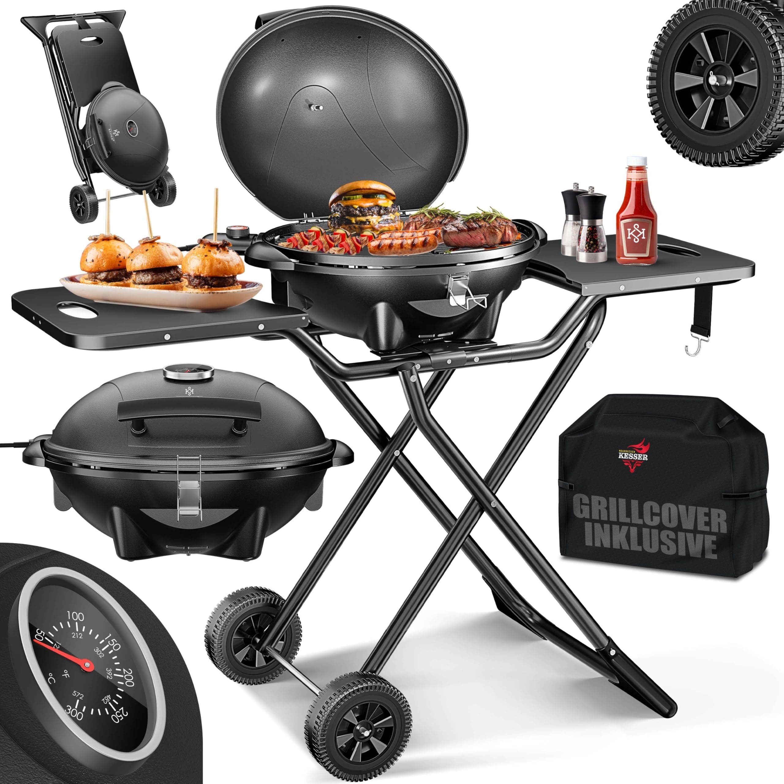 KESSER® elektrischer Elektrogrill 2in1 Tischgrill & Standgrill mit Deckel & Standfuß, 2400 Watt, Thermostat, Antihaftbeschichtung, Abstelltische + Abdeckung, Balkon Grill für drinnen & draußen