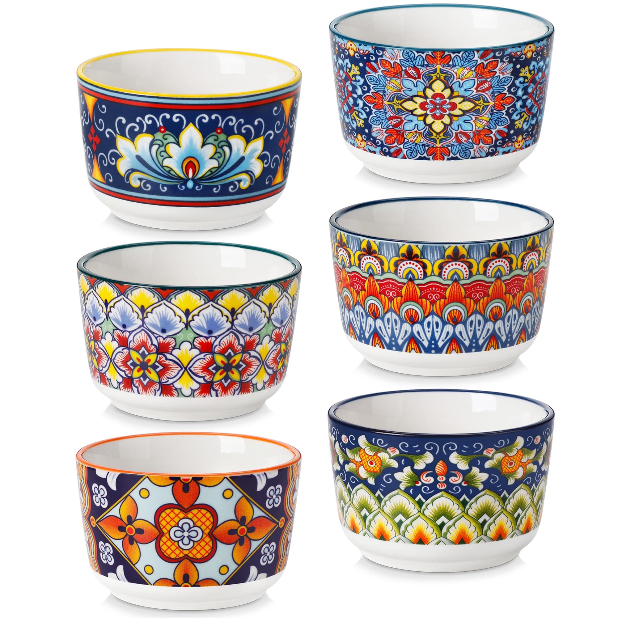 vancasso Creme Brulee Schälchen 180ml, SIMI Souffle Förmchen Backofenfest, Ofenfeste Förmchen 6er Set, Creme Brulee Schalen, Keramik Ramekins für Ragout Fin Schalen, Vibrant Bohemian Mini Auflaufform