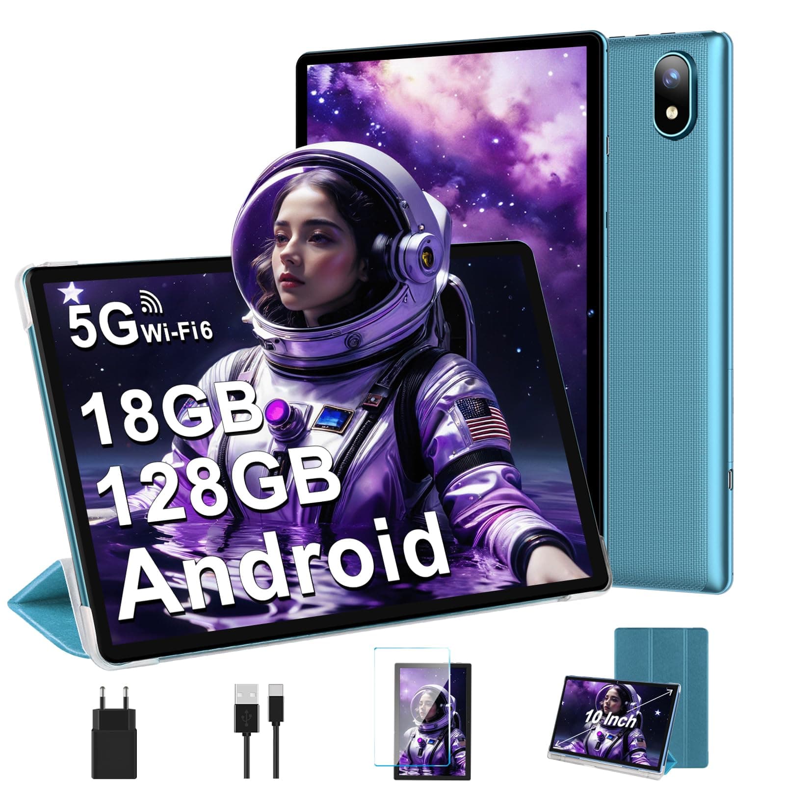 DMOAO Tablette Android avec 5G Wi-FI 6, 18Go RAM + 128Go ROM(1 to Extensible), Tablette Tactile 10 Pouces avec Widevine L1, Bluetooth 5.0, 6000mAh, 8 cœurs 2.0 GHz, USB-C, Bleu
