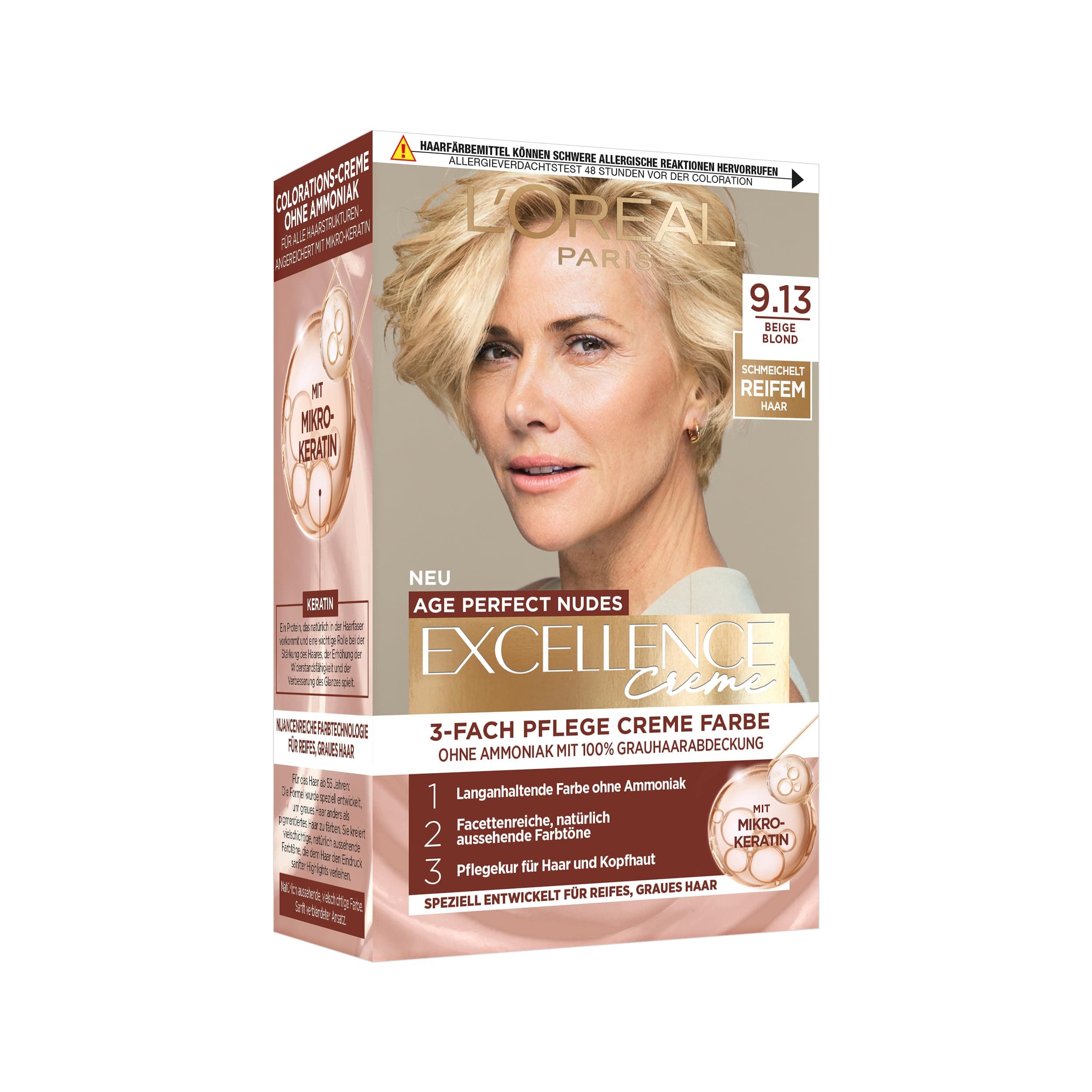 L’Oréal Paris Excellence Creme Age Perfect Nudes 9.13 Beige Blond, dauerhafte Haarfarbe, permanente Coloration,100% Grauabdeckung, für reifes, dünnes Haar & empfindliche Kopfhaut, 1 Stück