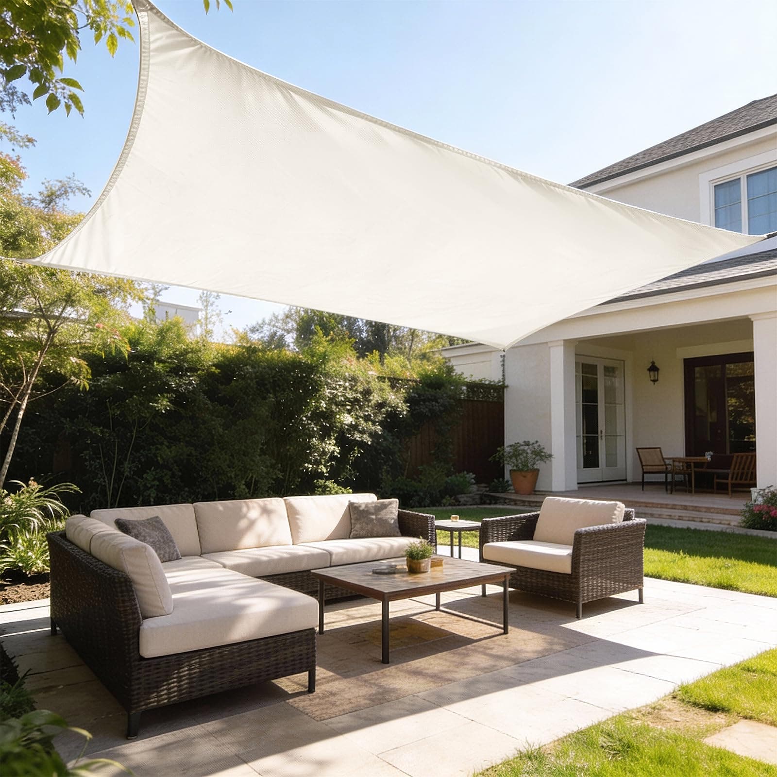 HAIKUS Tenda a Vela Impermeabile Rettangolare 3x5 m, Protezione Raggi UV 98%, Telo Ombreggiante 5x3 Impermeabile, Tenda da Sole per Esterno Giardino Terrazzo, Bianca beige