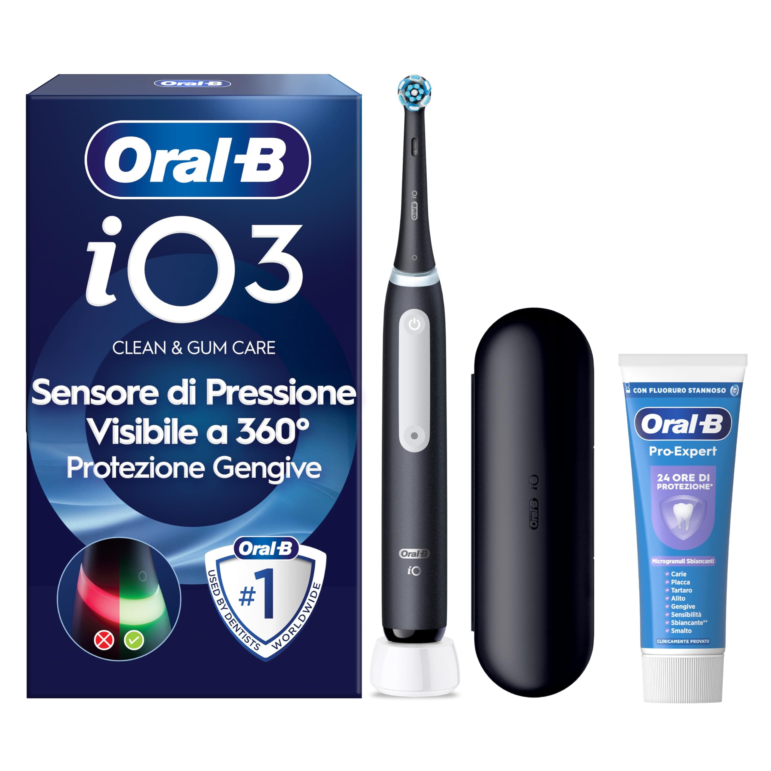 Oral-B iO 3 Spazzolino Elettrico, 1 Testina, Custodia, Dentifricio, Nero | 1 Testine di Ricambio per Spazzolino Elettrico, Ricaricabile, Custodia + 1 Dentifricio Pro-Expert Sbiancante Delicato