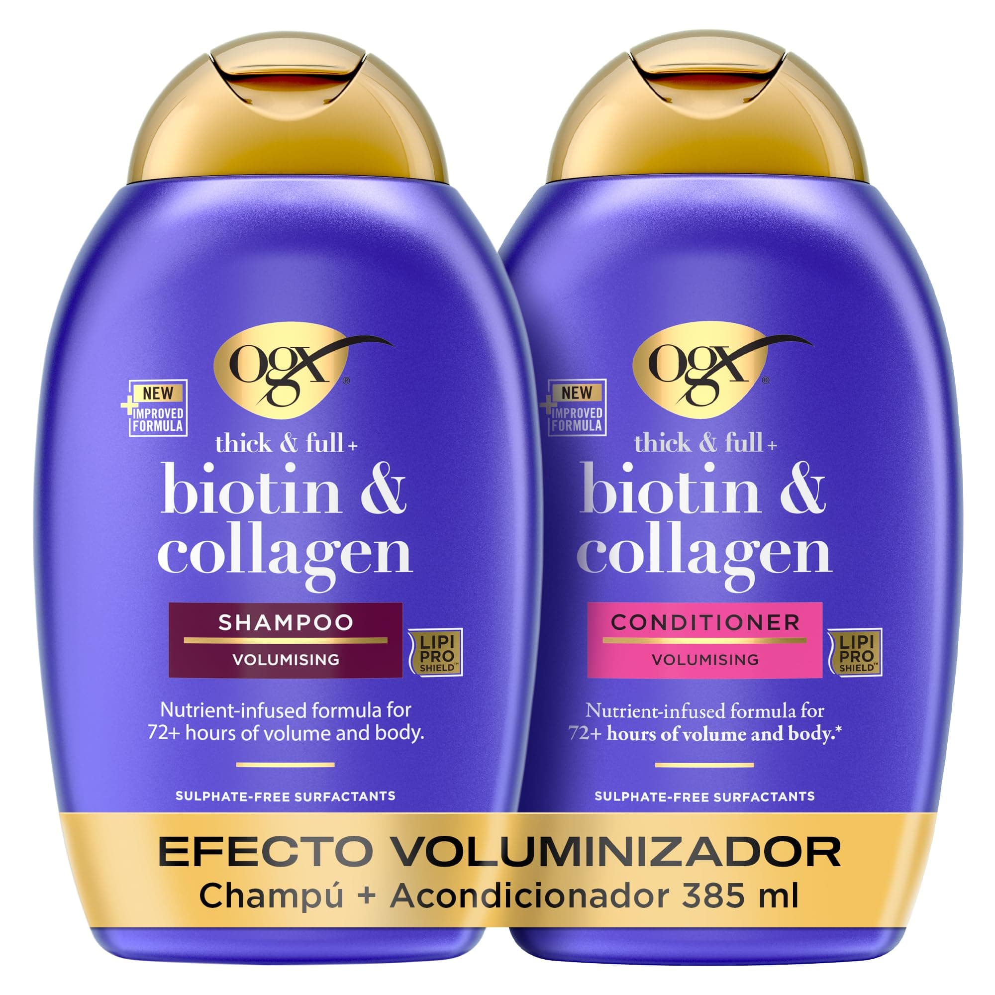OGX Set Biotin & Collagen Thick & Full+ Shampoo y Conditioner, set champú y acondicionador con Biotina y Colágeno, texturizador de cabello para 72h de volumen, tensioactivos sin sulfatos, 2x385 ml