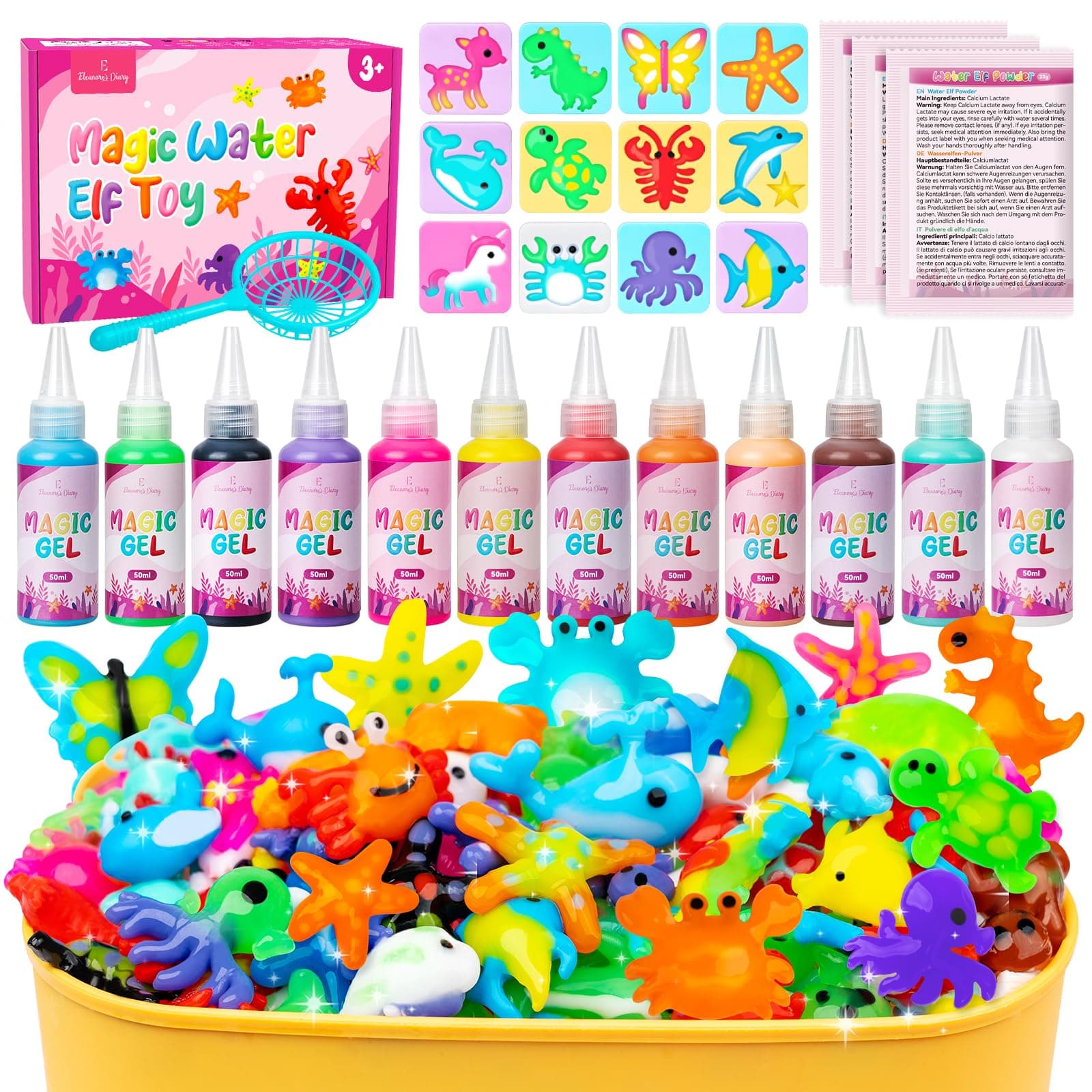 Eleanore's Diary Aqua Gelz Creative Set, Magic Water Elf, Aquagelz 3D Creative Set de Geles Mágicos Océano, Kits de dibujo para Niños con 12 Botellas de Gel de Color y 12 Formas, Juego Dibujo Niños