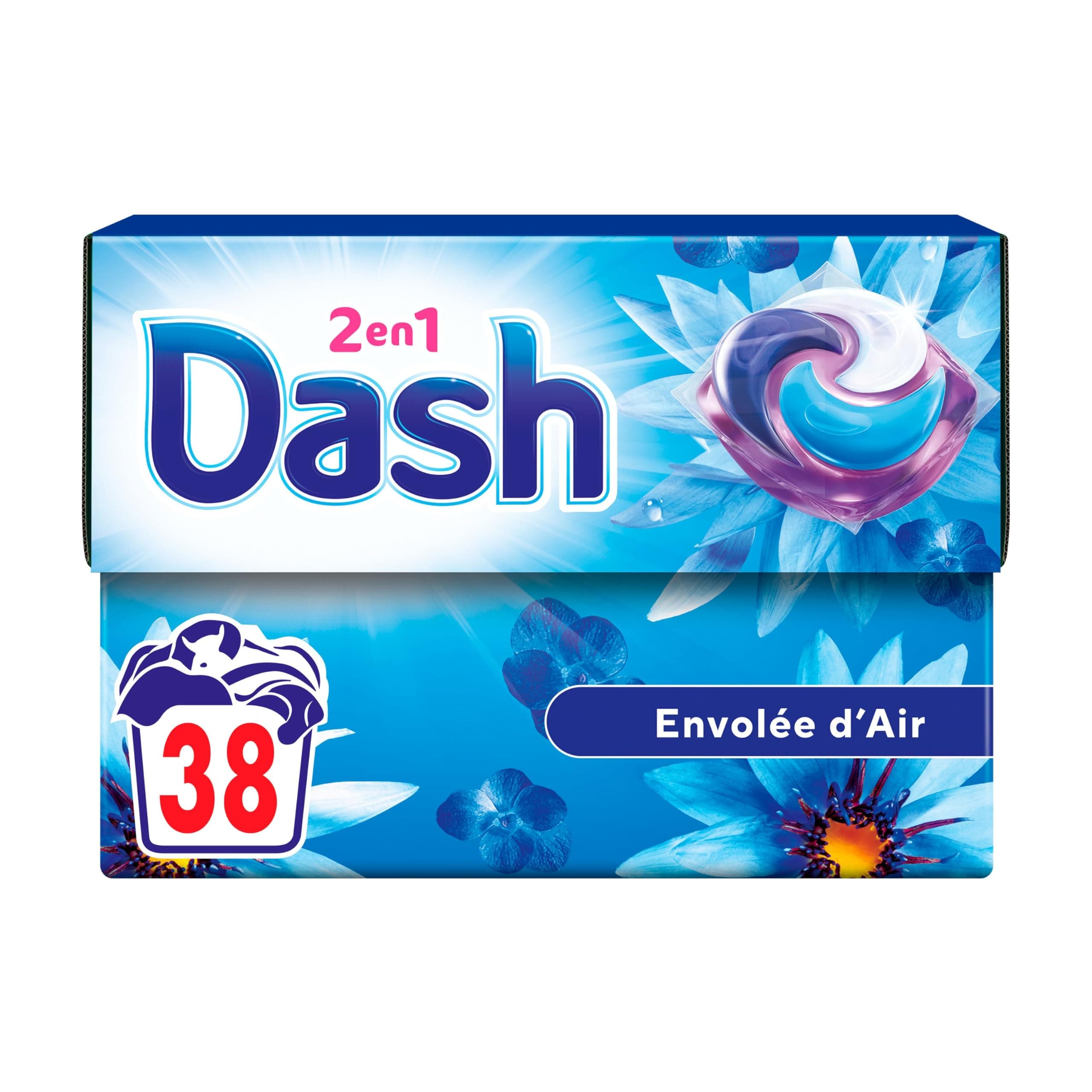 Dash 2en1 PODS, Lessive En Capsule, 38 Lavages, Parfum Envolée d'air, 3 Semaines De Fraîcheur* Avec L’Adoucissant Lenor, Fabriqué En France