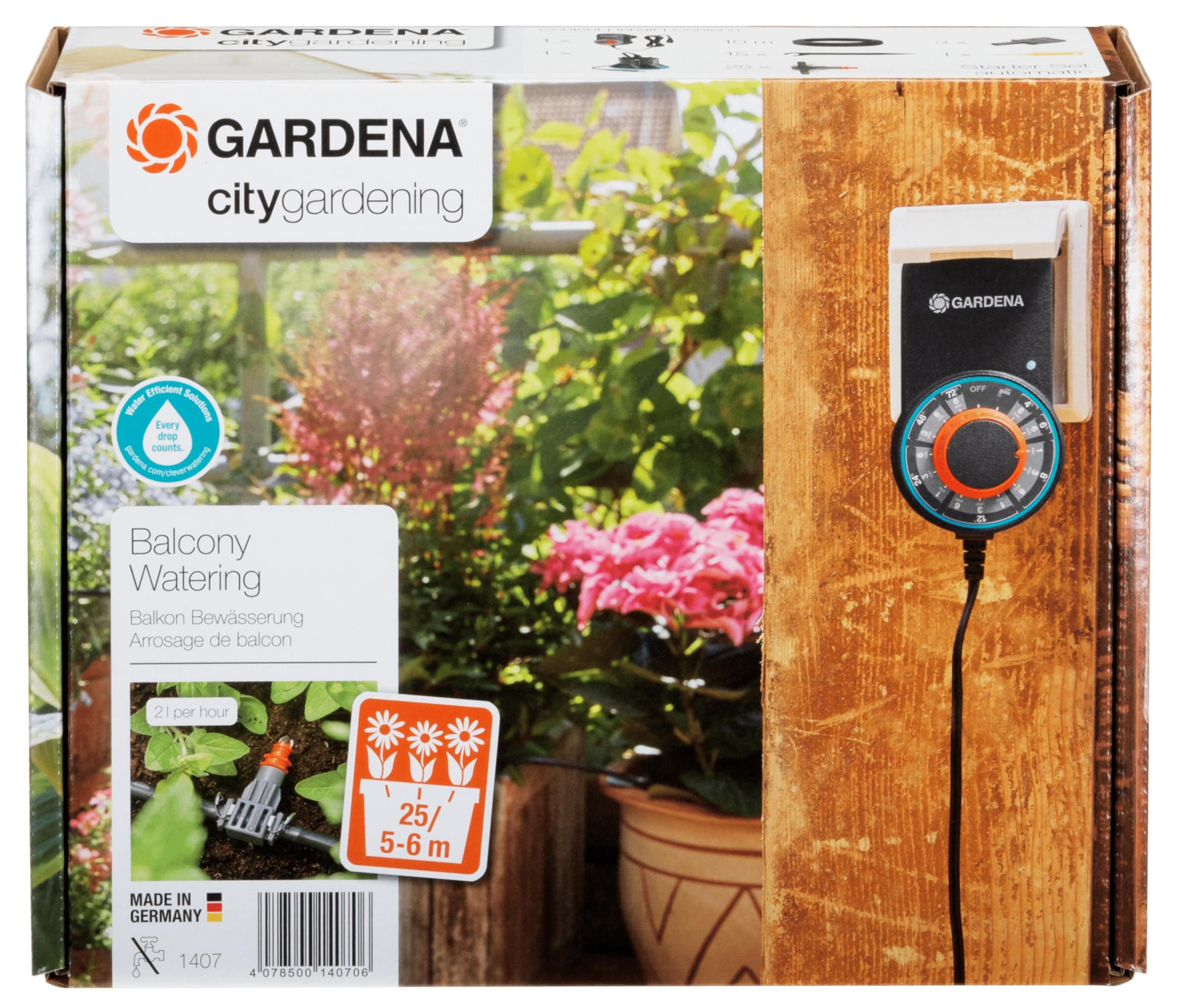 Gardena city gardening Balkon Bewässerung: Vollautomatisches Blumenkastenbewässerungs-Set, für bis zu 6 m Balkonkästen, 13 Programme (1407-20)