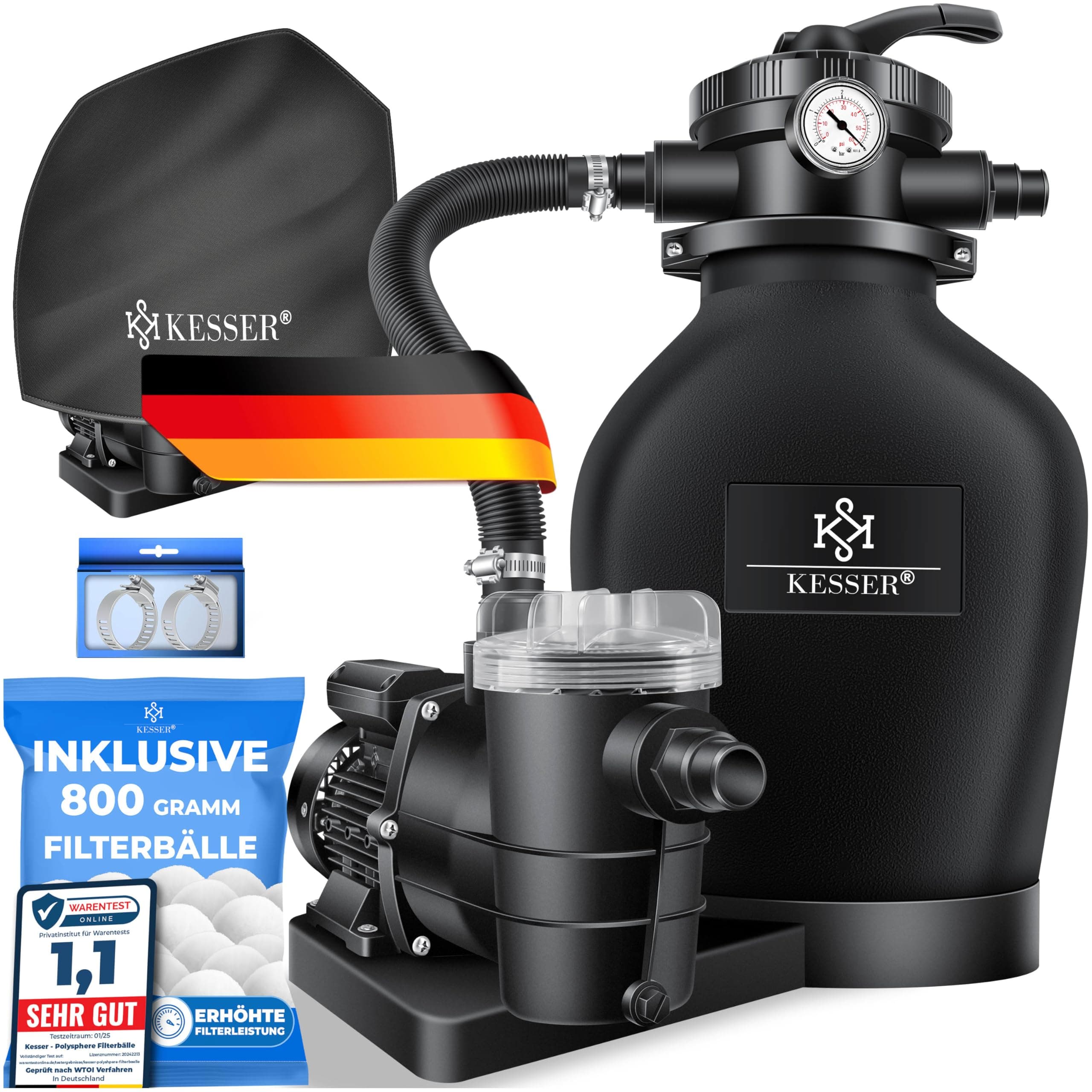 KESSER® Sandfilteranlage Sandfilter+700g Filterbälle ersetzen 25kg Filtersand 7-Wege Ventil mit Druckanzeige Poolfilter 10 m³/h Filteranlage Filterkessel für Pool 10.200 L/h, Inkl. Wettercover,Schwarz