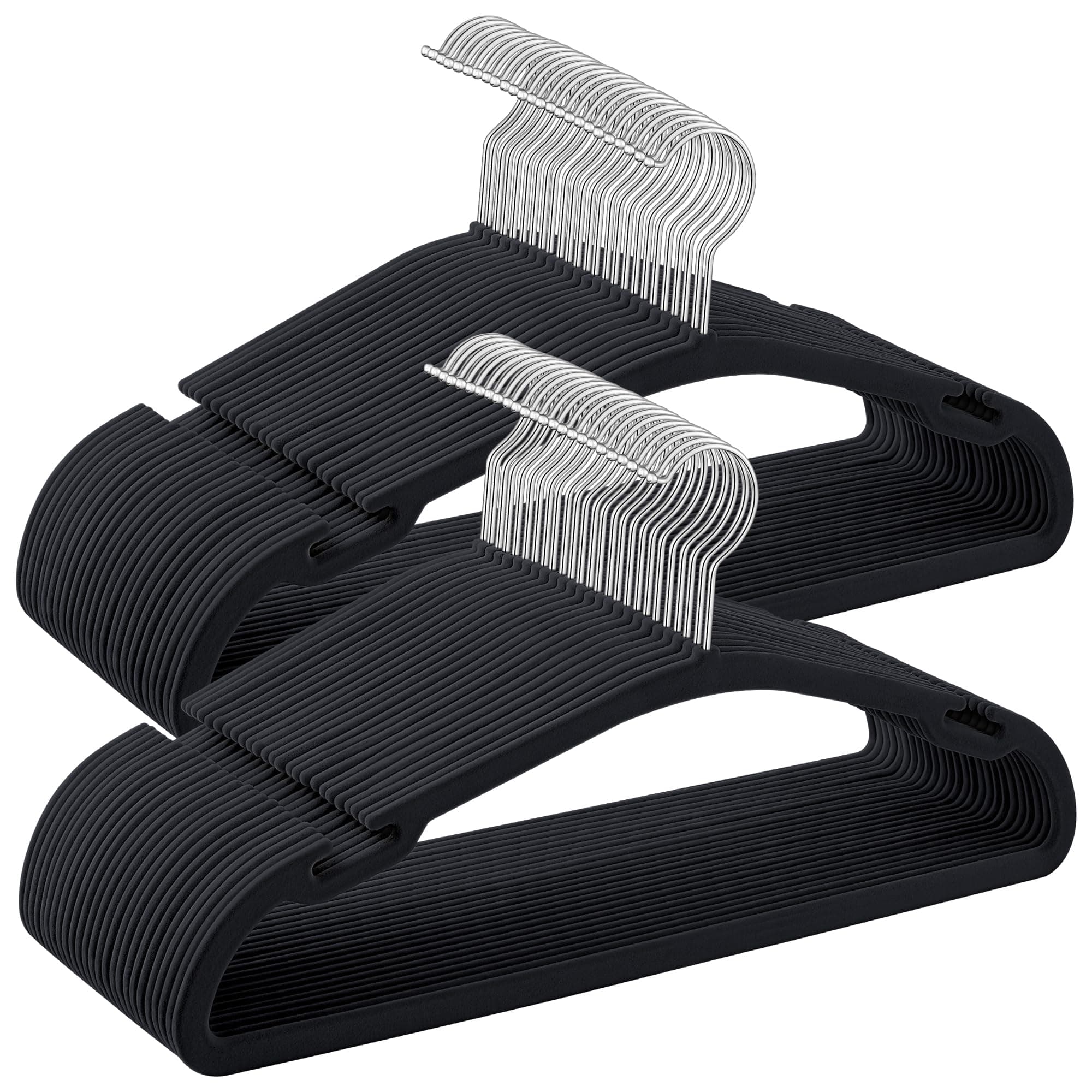 SONGMICS Kleiderbügel Samt, Bügel 50er Set, 43 x 21 cm, Samtbügel rutschfest, breite Schulterkerben, Stange für Hosen, 360° drehbarer Haken, platzsparend, für Garderobe, tintenschwarz CRF039B03