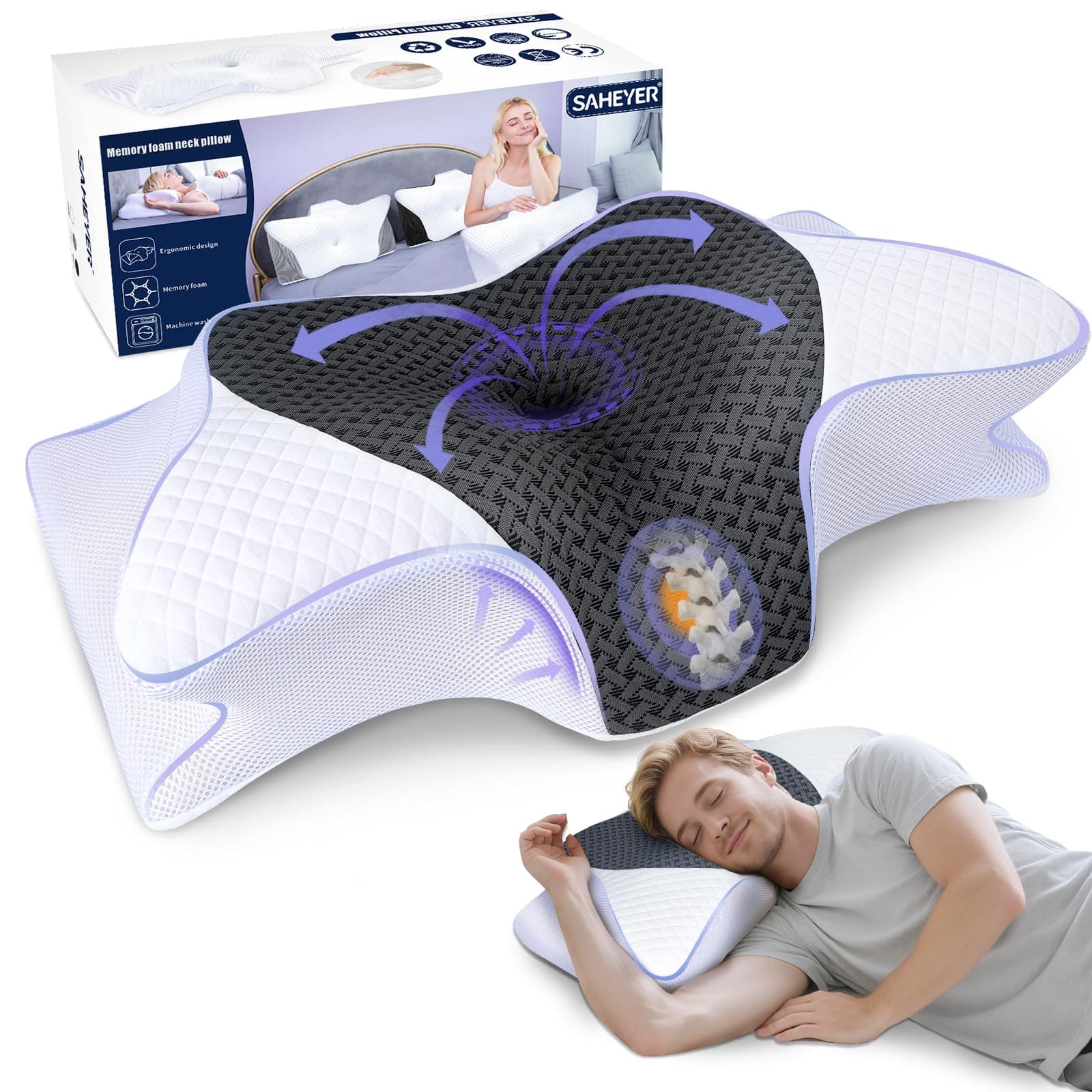 SAHEYER Cuscino Cervicale, 2 in 1 Cuscino Ergonomico Memory Foam per Dormire il Supporto della nuca, 2 Altezza Cuscino Ortopedico per Alleviare il Dolore al Collo, 70 x 40 x 15/12 cm, Grigio