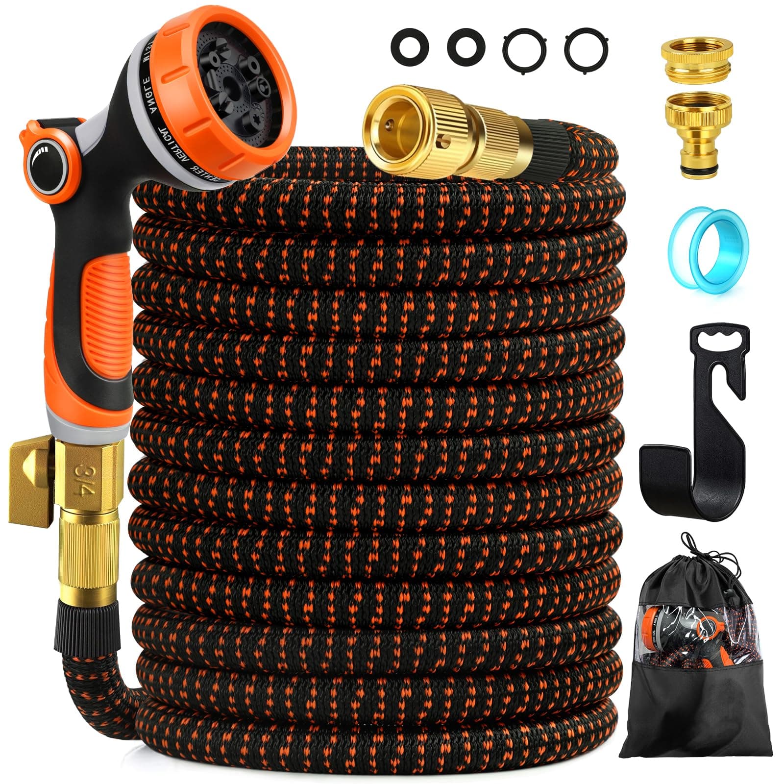 Edonkvi Tuyau Arrosage Extensible 30m, Tuyaux D'arrosage Embout 10 Modes Pistolet, 3/4" 1/2" Raccord Adaptateur Robinet Cuisine, Tyau Arrosage Retractable Extensibilités Support Tuyau-arrosage Mural