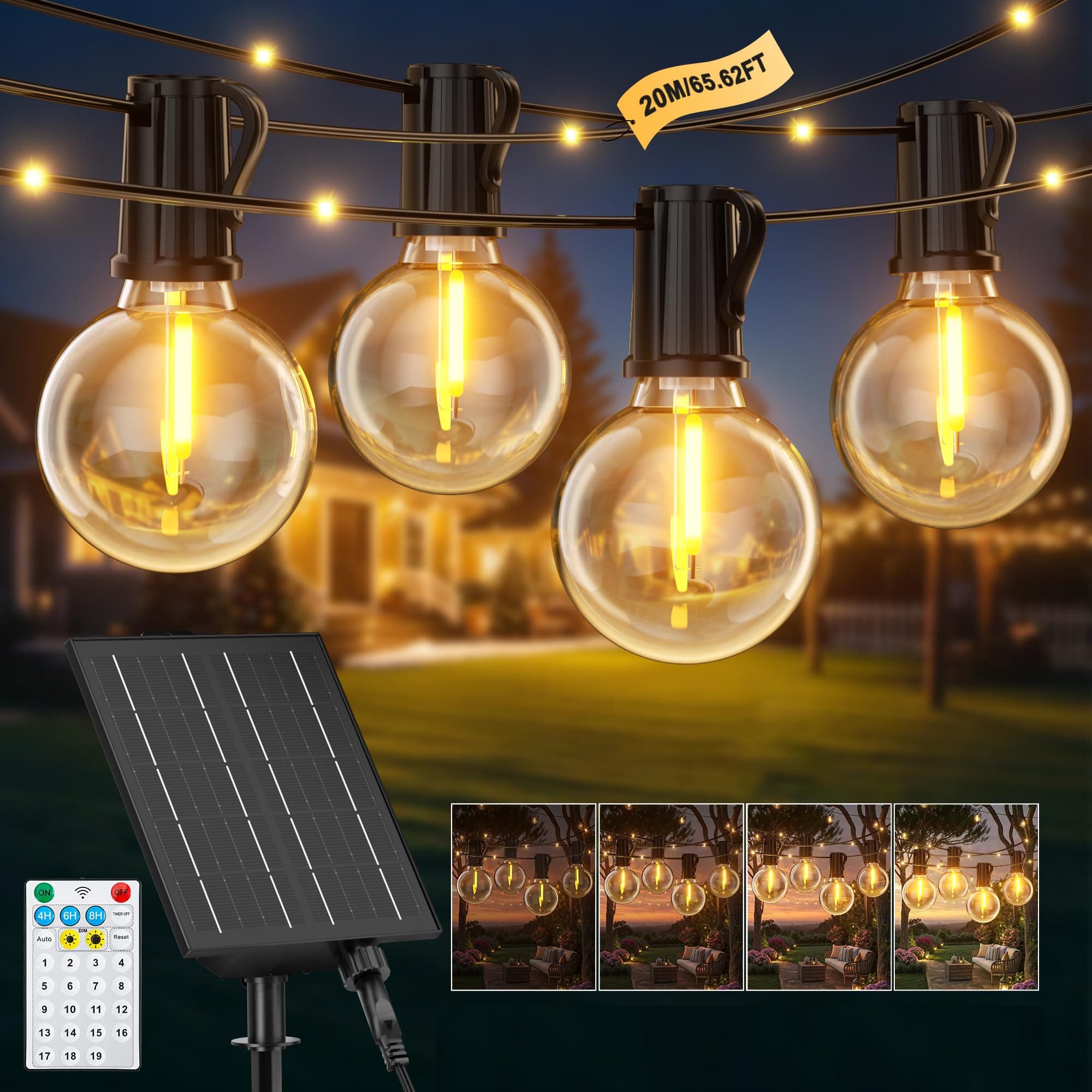 Catena Luminosa Esterno Solare Giardino 20M 25+1 G40 Lampadine LED Luci Solari per Esterni 19 Modalità Impermeabile Luci Solari Esterno con 48 LEDs per Feste Giardini Terrazze Outdoor Decorative