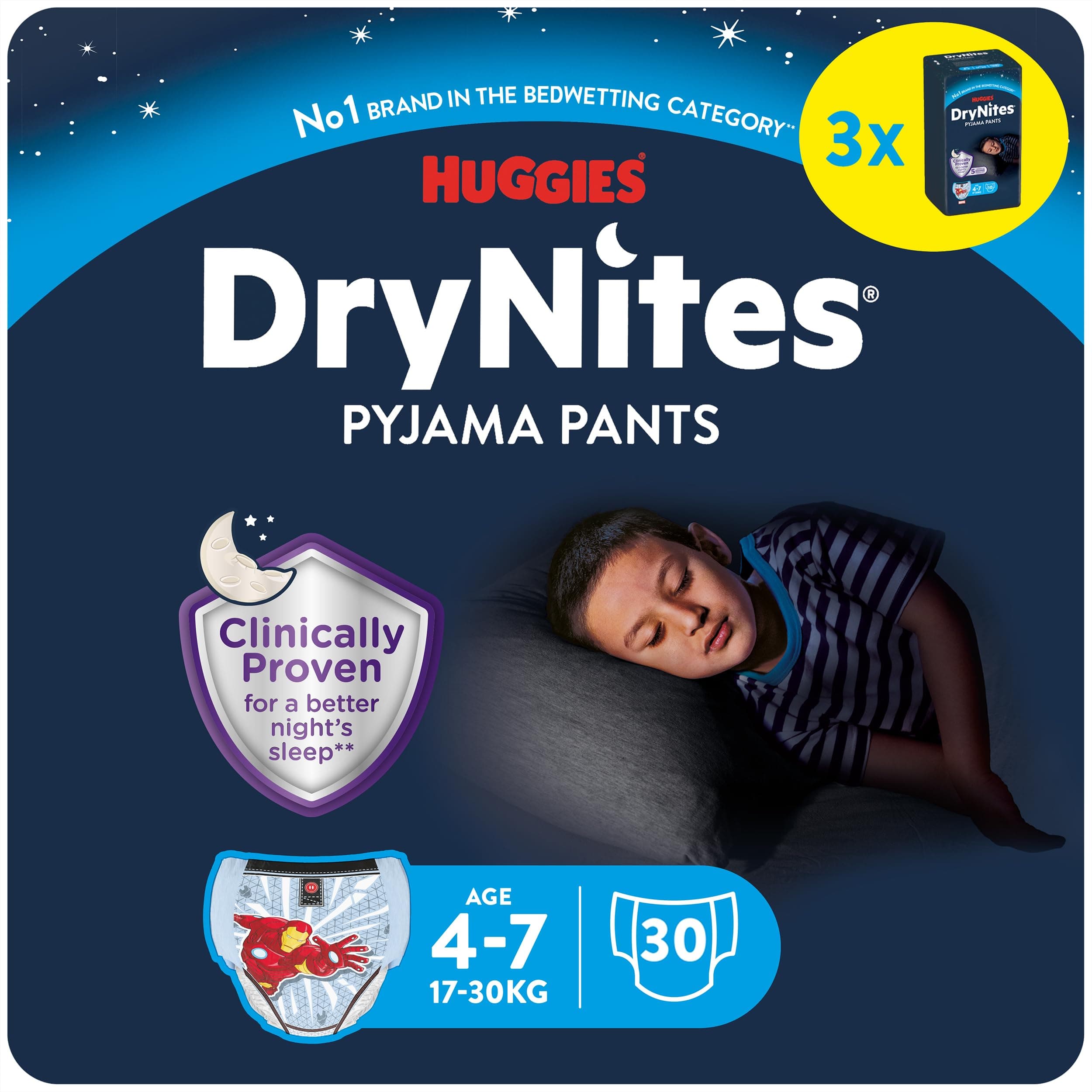 DryNites saugfähige Nachtwindeln bei Bettnässen, Für Jungen 4-7 Jahre (17-30 kg), 3 x 10 Stück = 30 Windel-Pants, Höschenwindeln, Windelhöschen