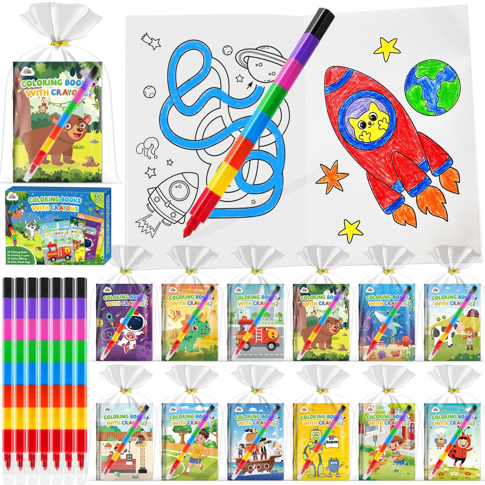 ZMLM Libros para Colorear para Niños, Crayones de 8 Colores Ceras de Colores Kit Detalles Cumpleaños Niños Pintar Manualidades Navidad Regalos para 3 a 9 Años (24 Niño)