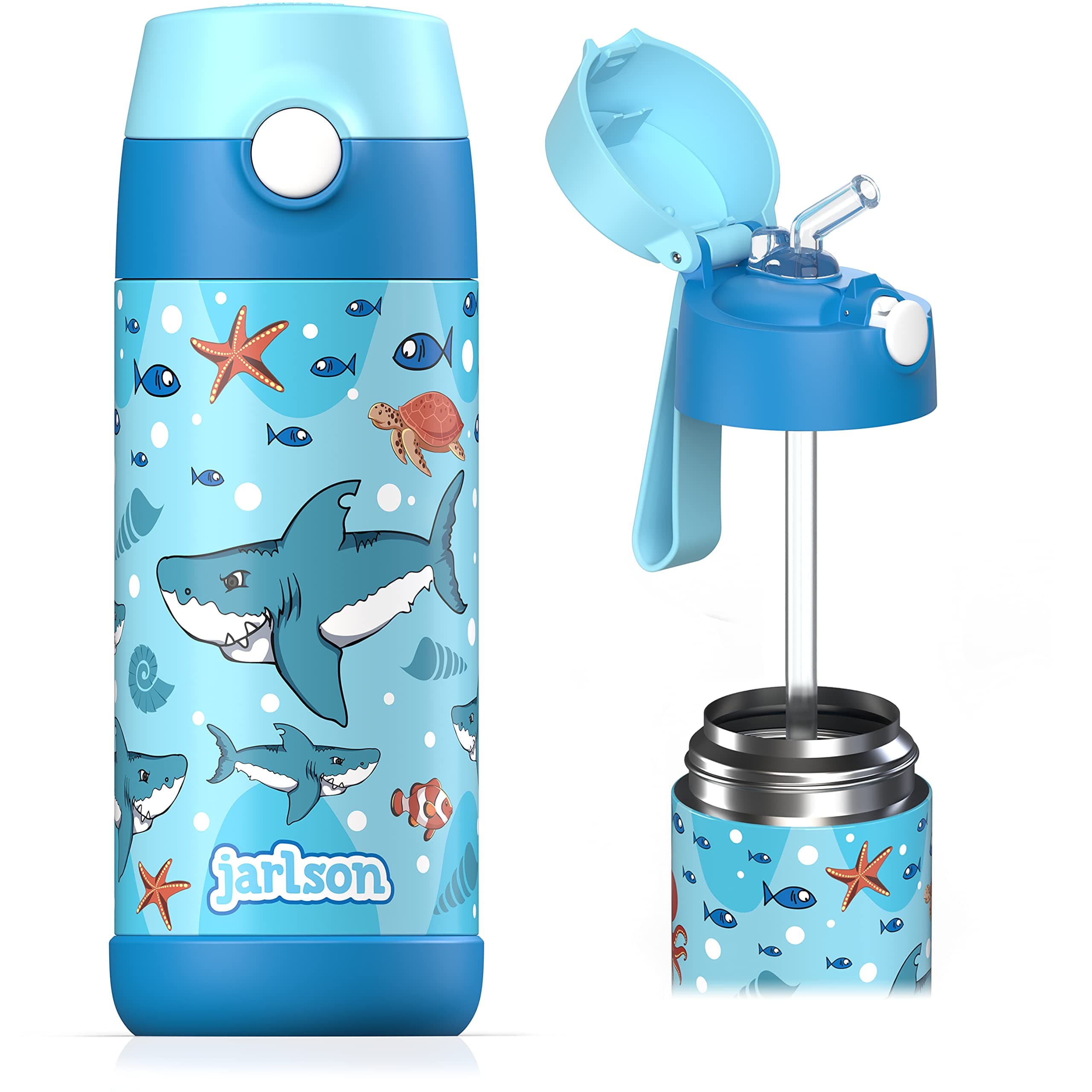 Jarlson® Gourde Enfant CHARLI [350ml] Bouteille Isotherme Anti Fuite avec Paille pour Garçons & Filles - Sans BPA & Phthalates - Gourde Inox pour École, Maternelle & Sport (Requin)