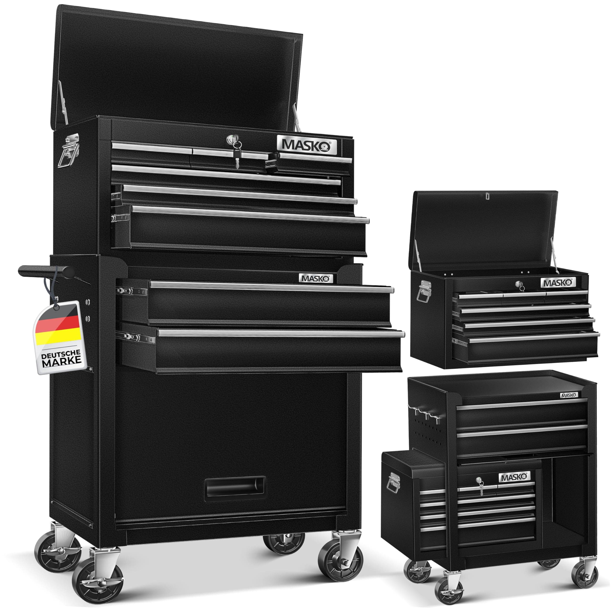 MASKO® Servante d'atelier avec valise - 9 compartiments verrouillables - En métal massif - Chariot à outils mobile sans outils - Professionnel - Chariot de rangement d’outils avec serrure - Noir