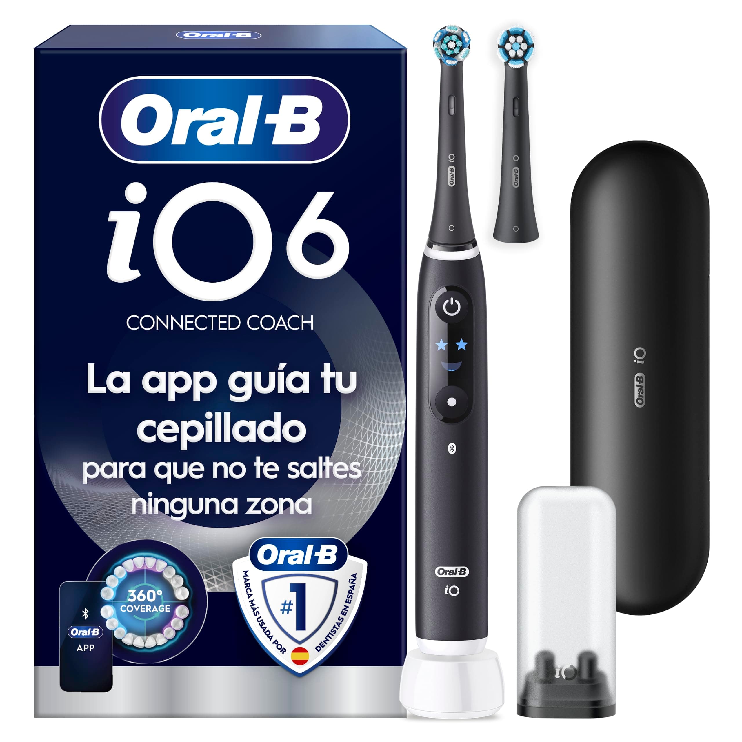 Oral-B iO 6N Cepillo de Dientes Eléctrico, con 2 Cabezales, Negro - Cepillo Dental con Sensor de Presión, 5 Modos de Cepillado con Blanqueamiento Dental, Estuche de Viaje, Diseñado por Braun