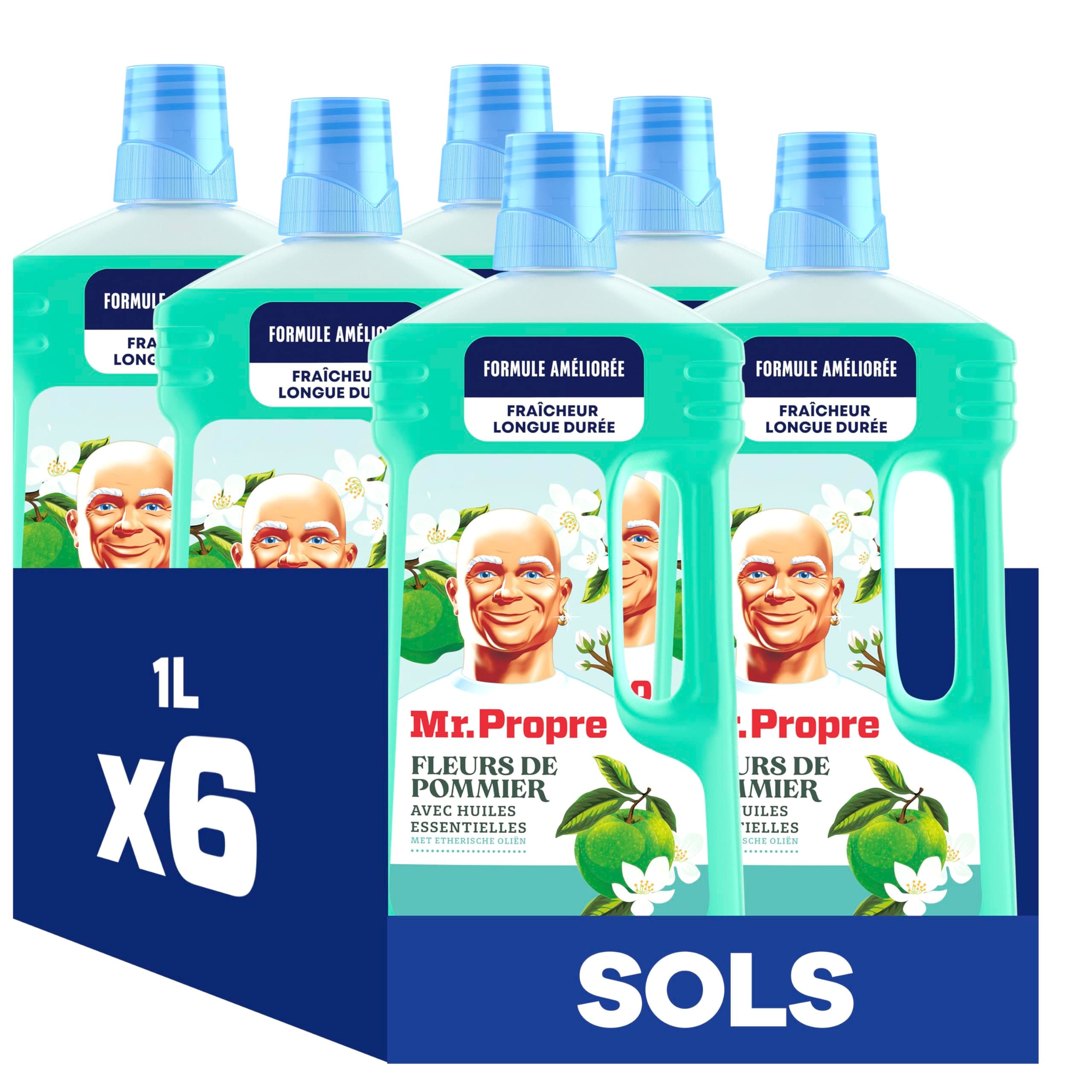 Mr. Propre Nettoyant Liquide Sol Multi-Usages, Grand Format (1L x6), Parfum Fleurs de Pommier, Élimine Jusqu'à 99.9% Graisse et Saleté, Sans Traces, Fraîcheur Longue Durée