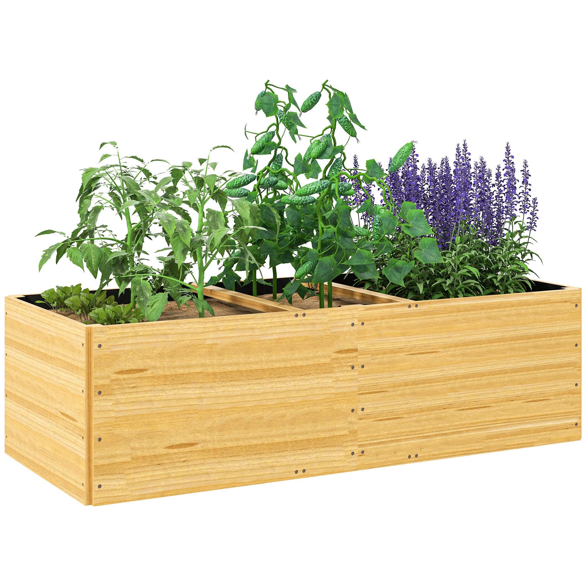Outsunny Jardinière en Bois, carré Potager Exterieur Bois, 3 Compartiments de Plantation et Doublure Inclus, bac à Fleurs pour légumes Herbes Fleurs dans Jardin terrasse Patio, 140x60x40cm, Naturel