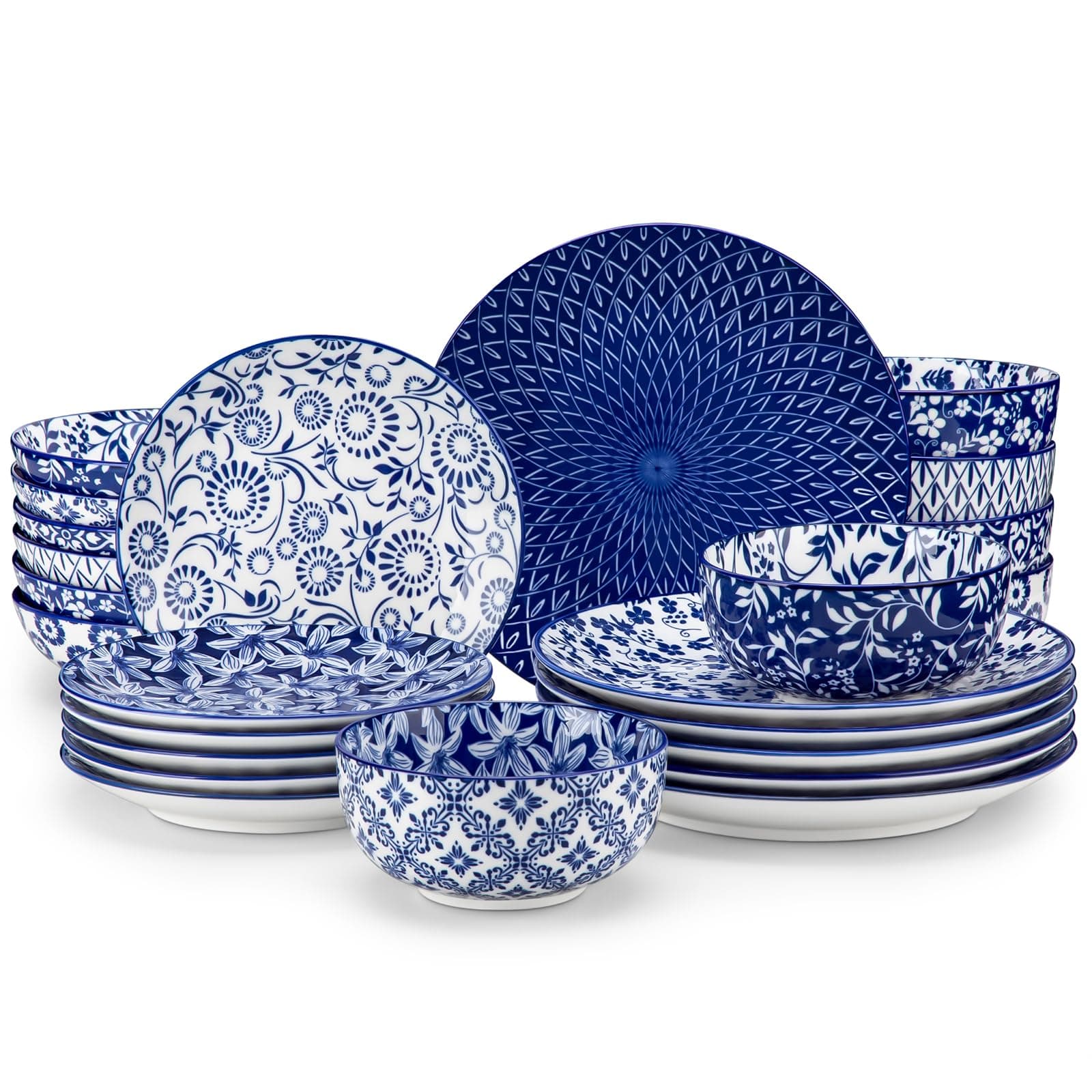 vancasso SELENE Service de Table 24 Pièces pour 6 Personne, Set Vaisselle en Porcelaine Bleu et Blanc - 6 Assiette Plates, 6 Assiette Dessert, 6 Assiettes Creuses et 6 Bols - Adapté au Micro-Ondes